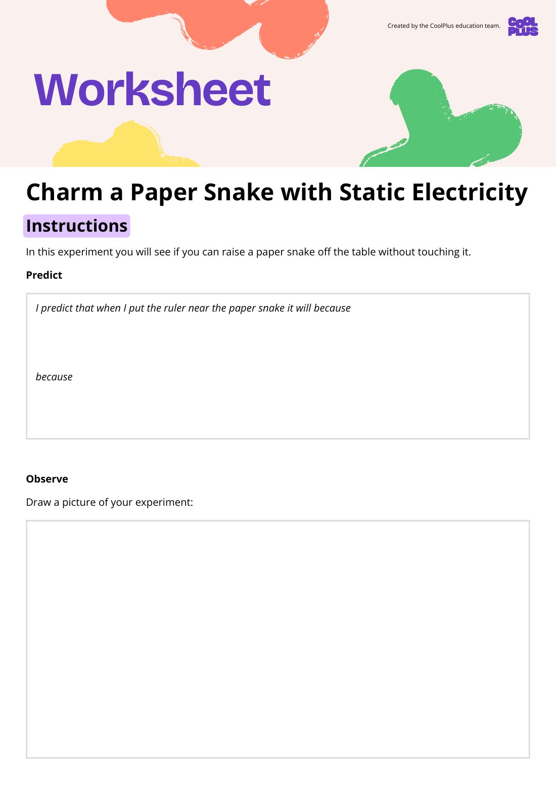 First page of Charm a Paper Snake with Static Electricity Worksheet