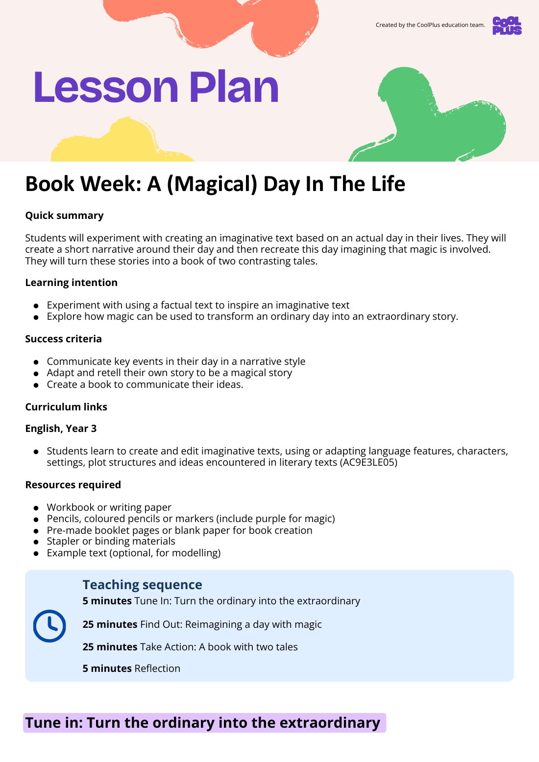 First page of Book Week: A (Magical) Day In The Life Lesson Plan