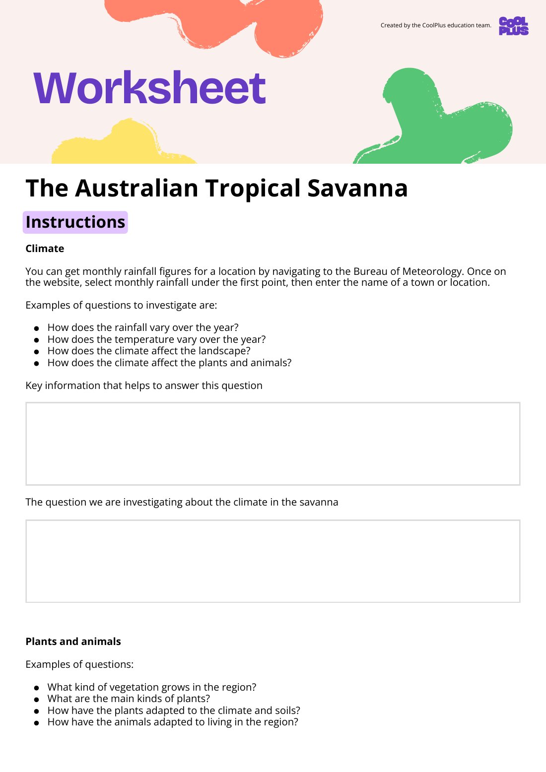 First page of The Australian Tropical Savanna Worksheet