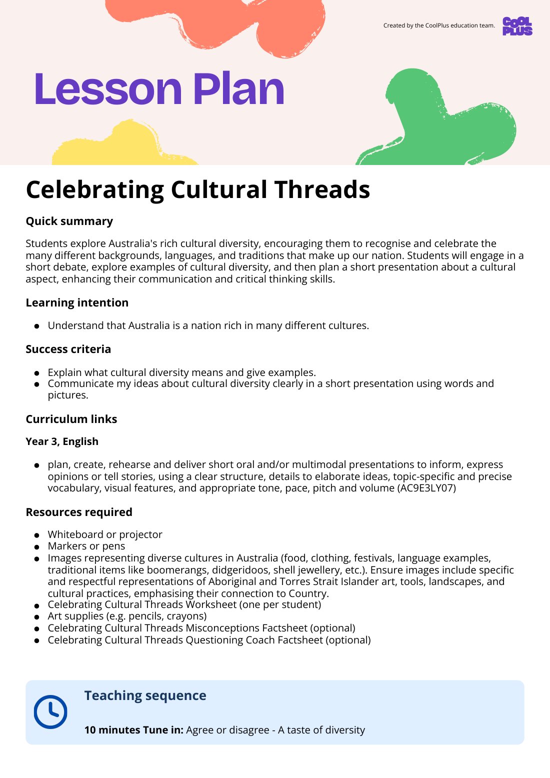 First page of Celebrating Cultural Threads Lesson Plan