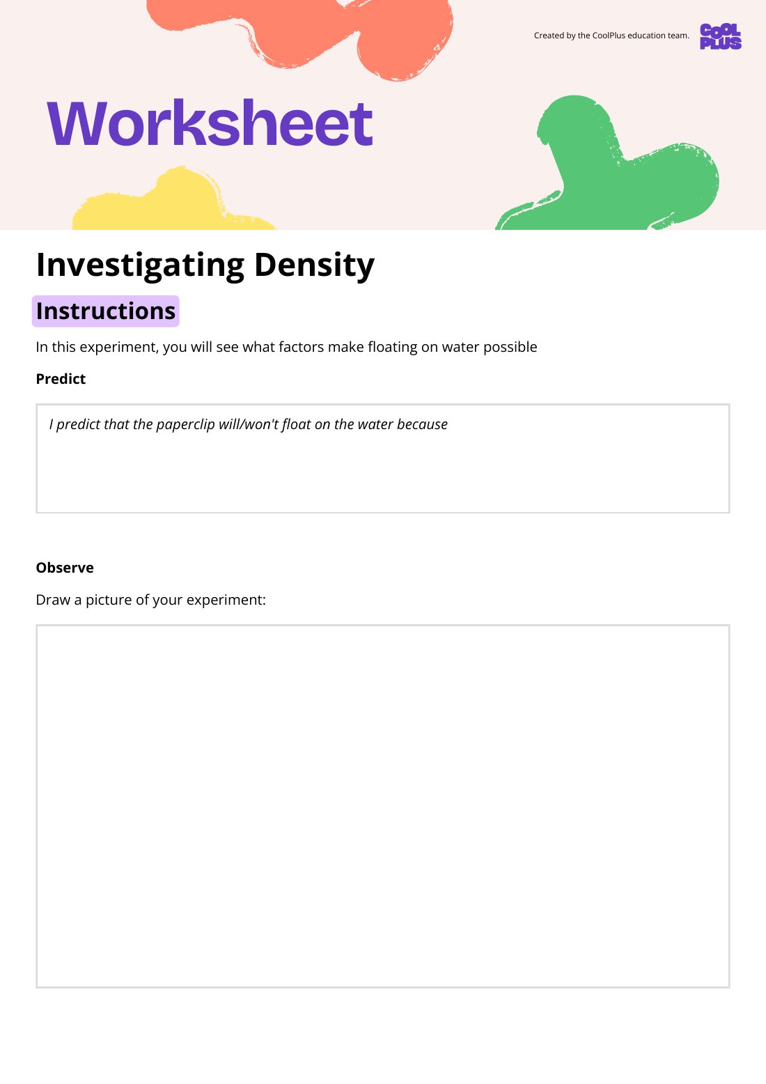 First page of Investigating Density Worksheet