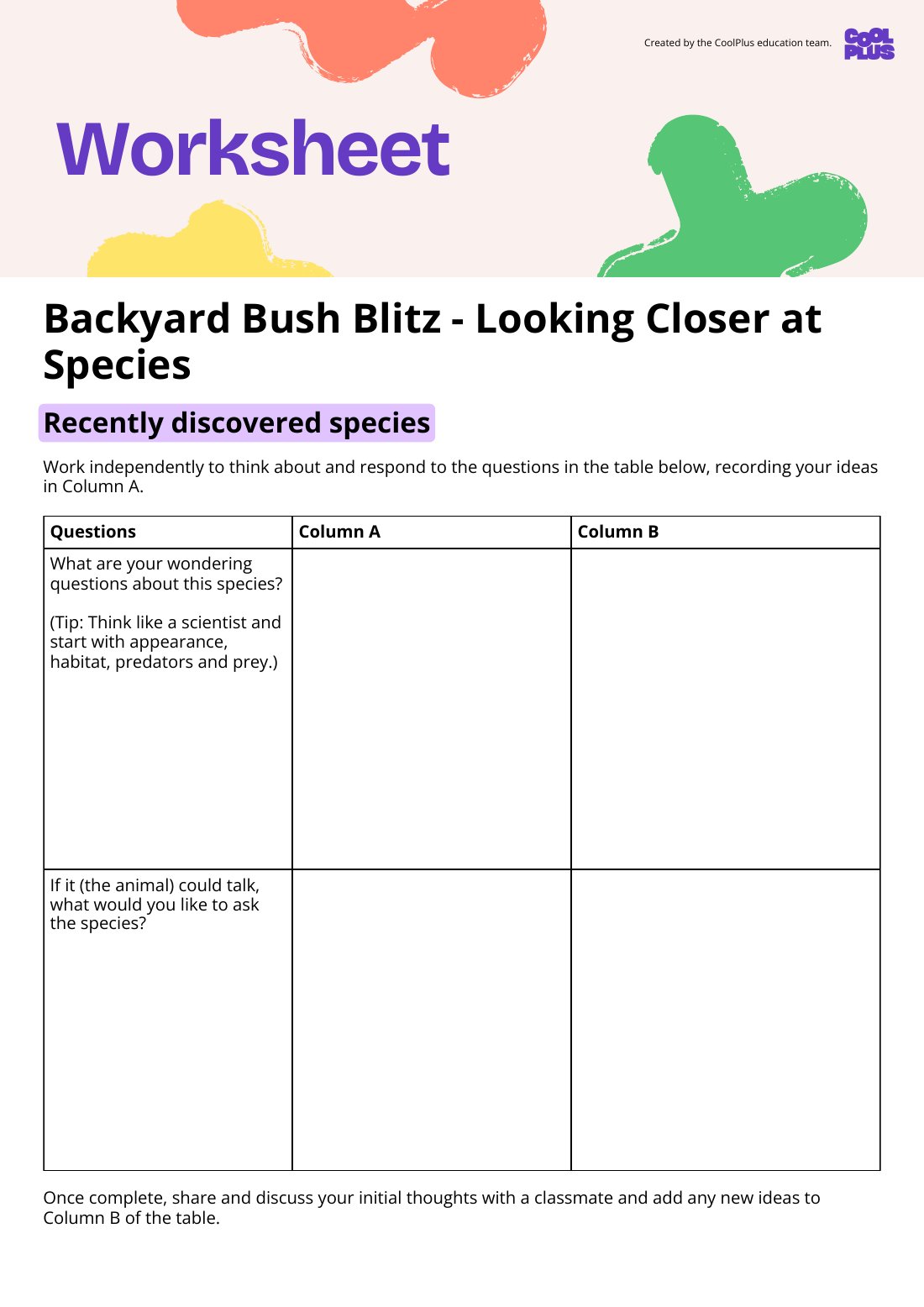 First page of Backyard Bush Blitz: Looking Closer at Species Worksheet