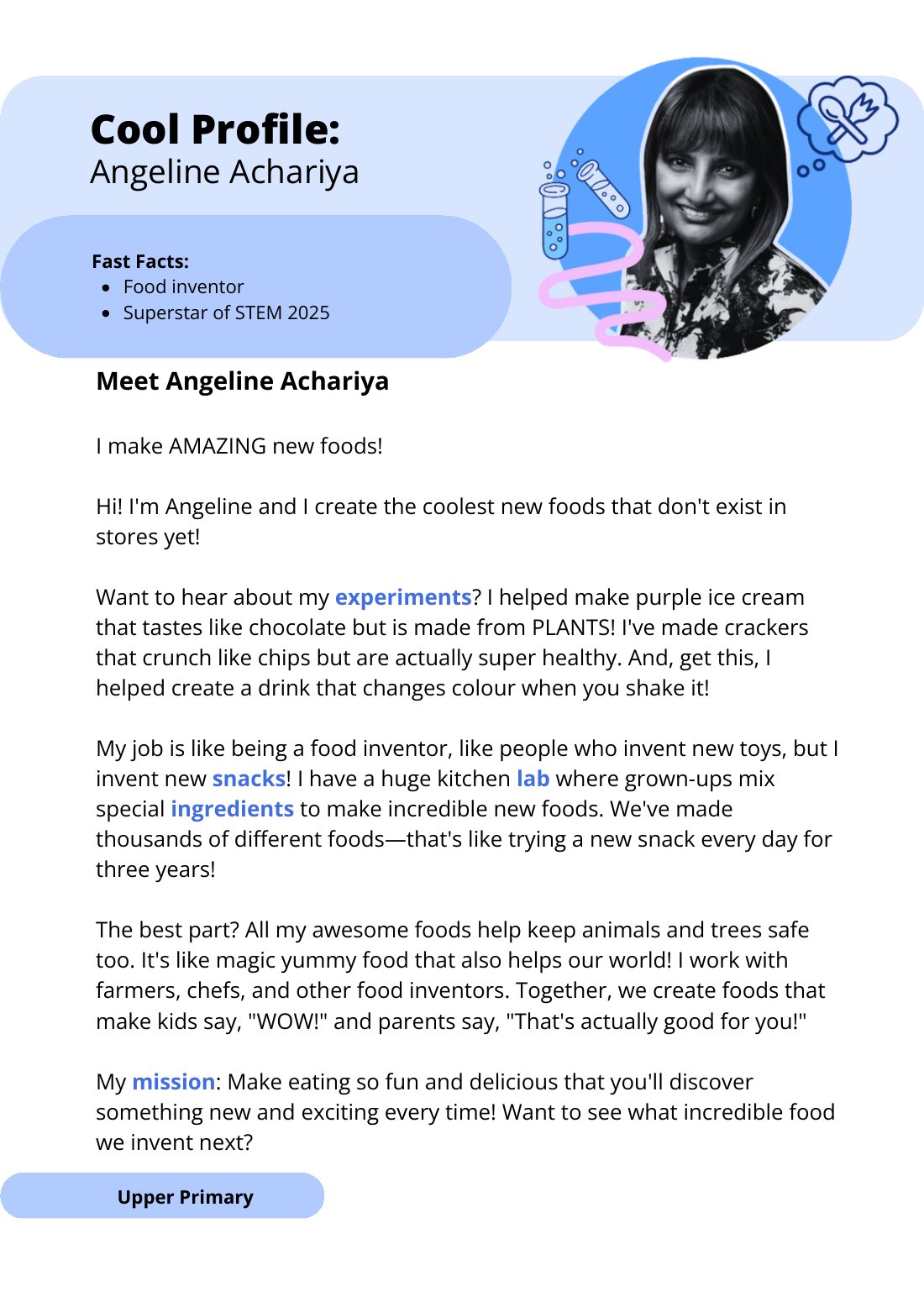 First page of Superstars of STEM Cool Profile Angeline Achariya Digital Worksheet