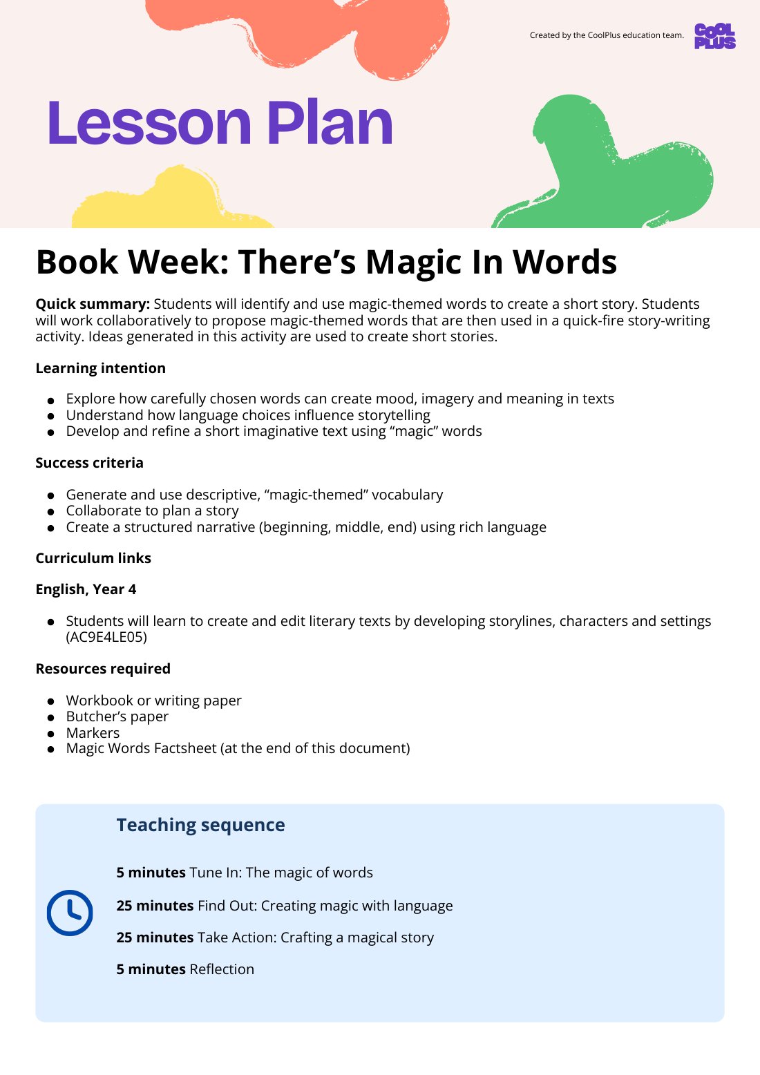 First page of Book Week: There’s Magic In Words Lesson Plan