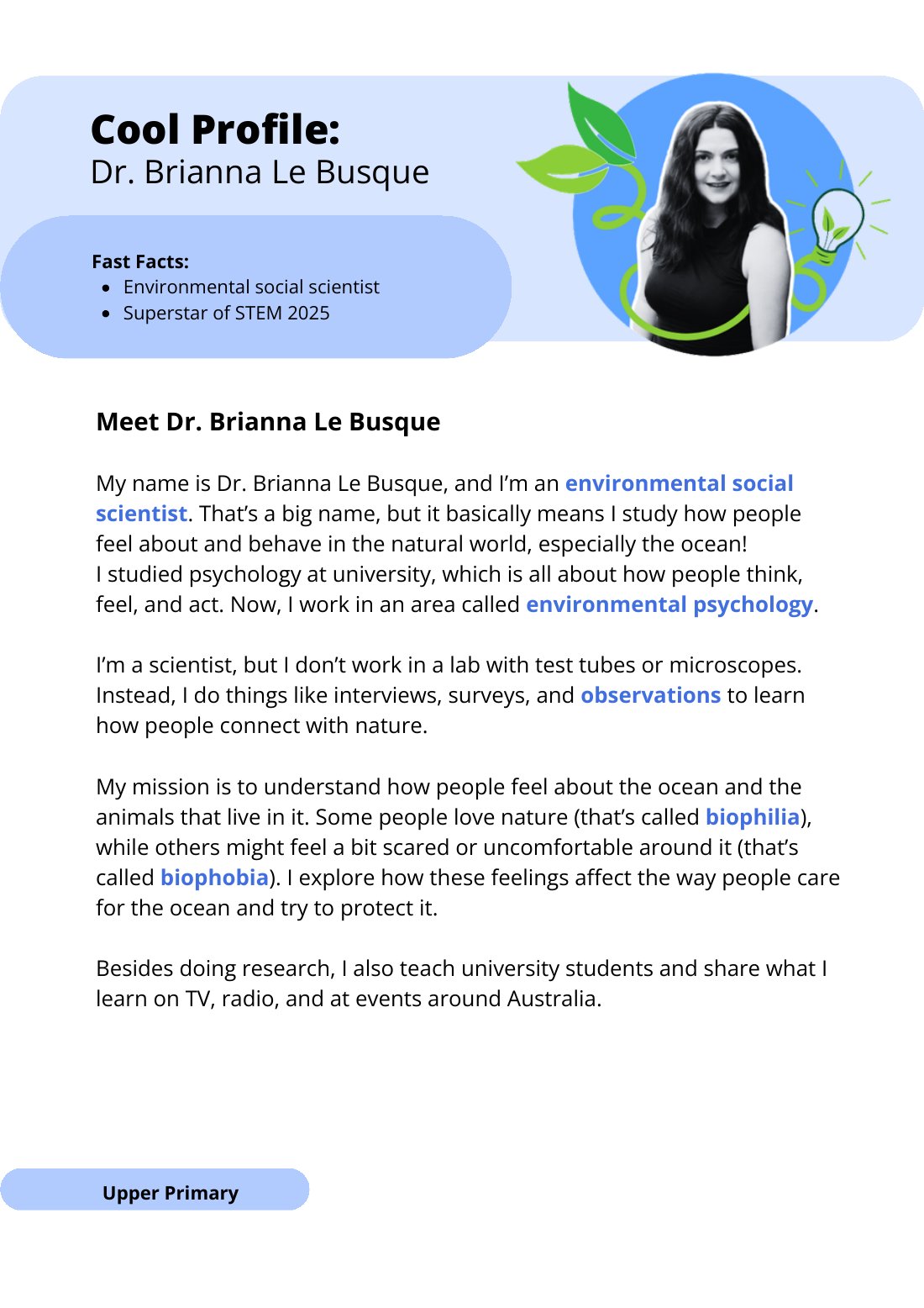 First page of Superstars of STEM Cool Profile Dr Brianna Le Busque Digital Worksheet