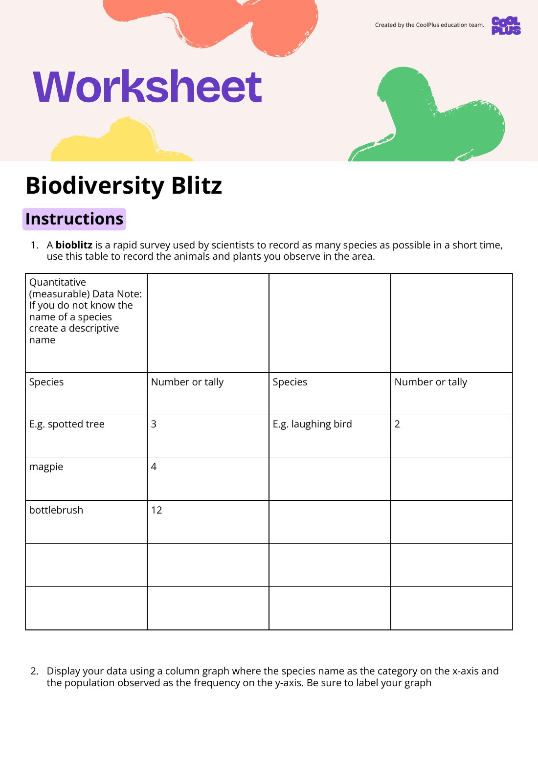 First page of Biodiversity Blitz Worksheet