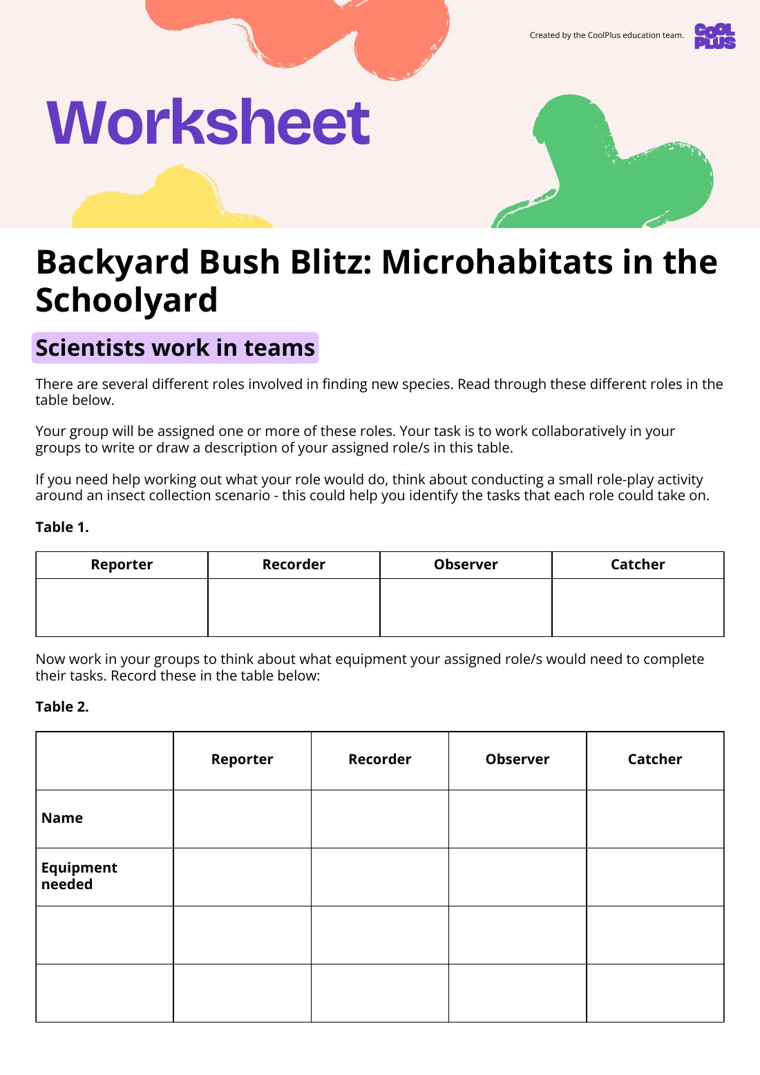 First page of Backyard Bush Blitz: Microhabitats in the Schoolyard Worksheet
