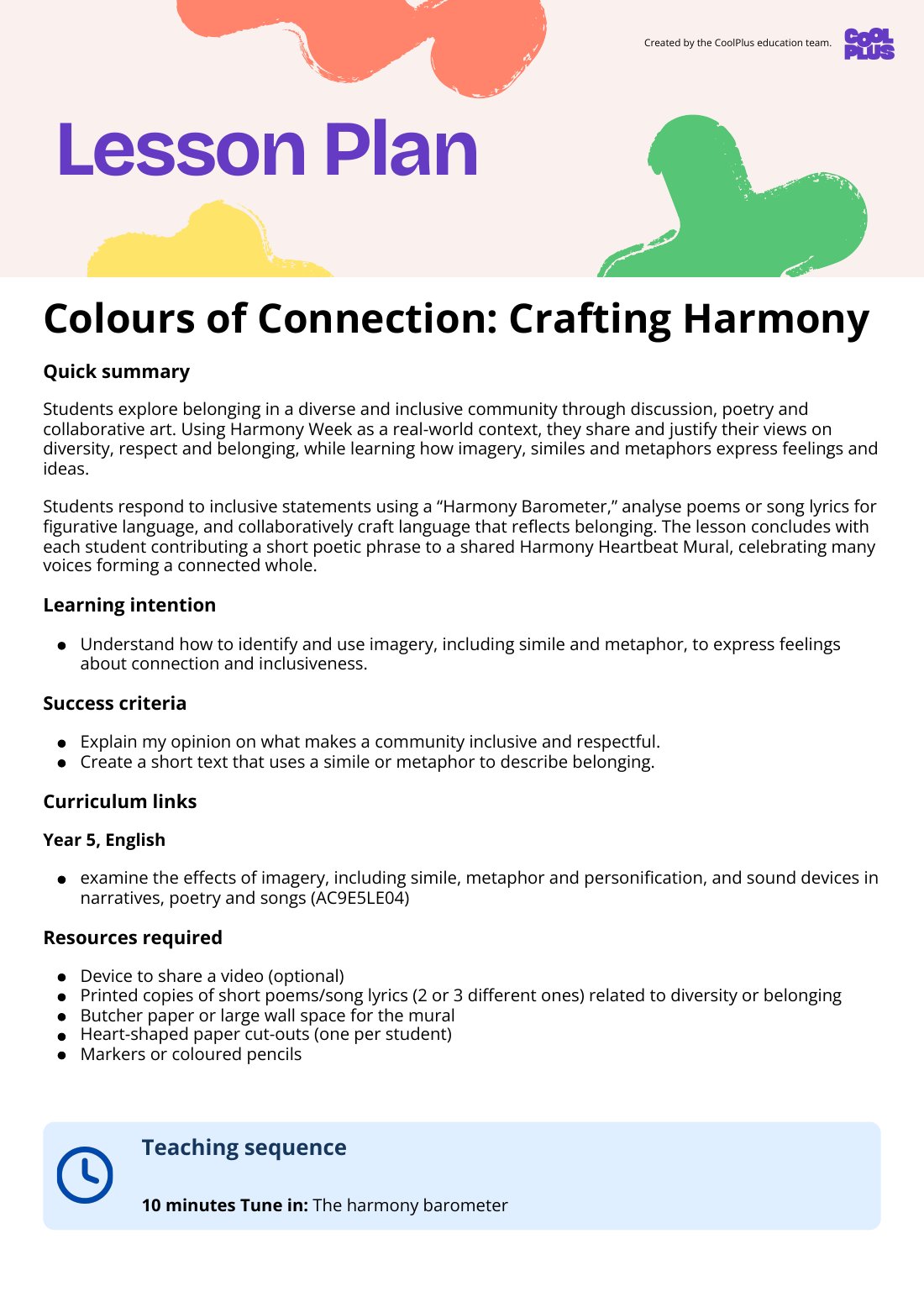 First page of Colours of Connection Crafting Harmony Lesson Plan