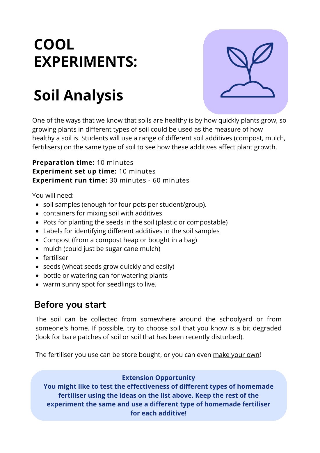 First page of Soil Test Experiment Science Worksheet