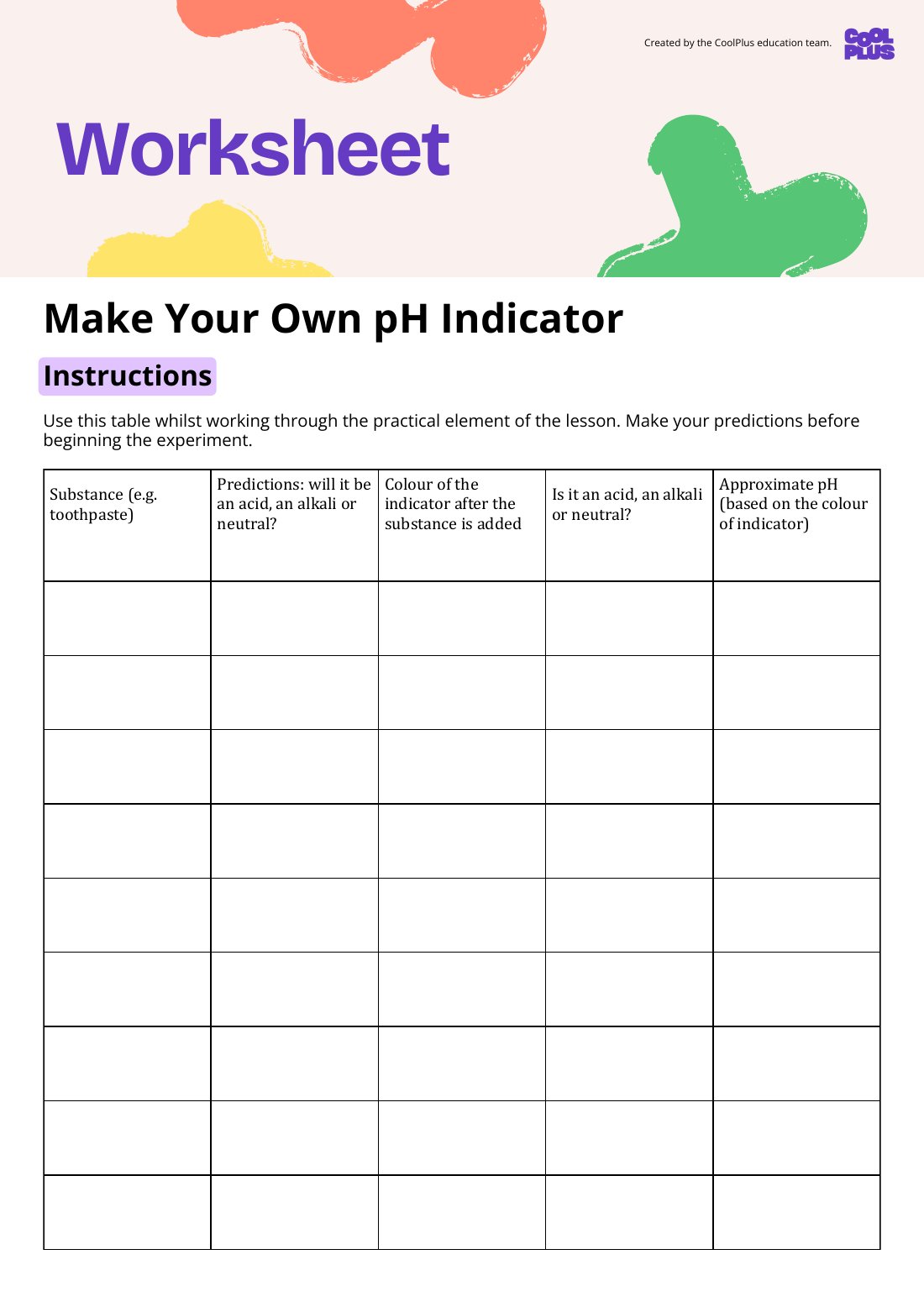 First page of Make your own pH Indicator Worksheet