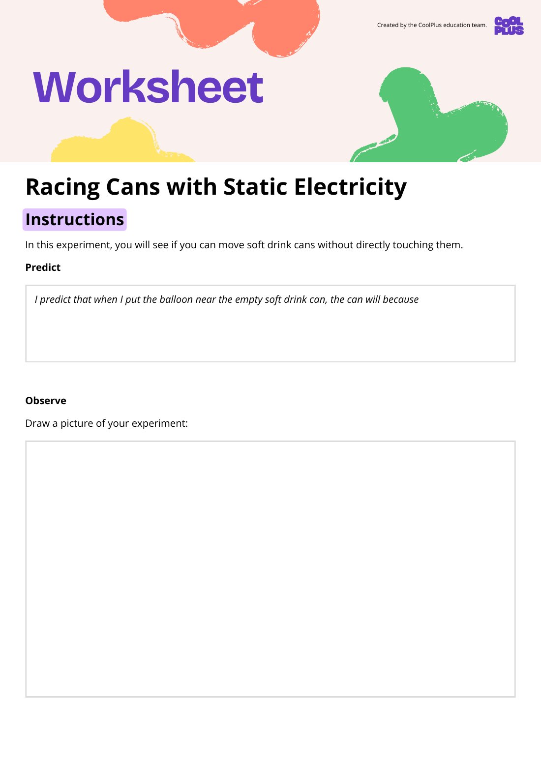 First page of Racing Cans with Static Electricity Worksheet