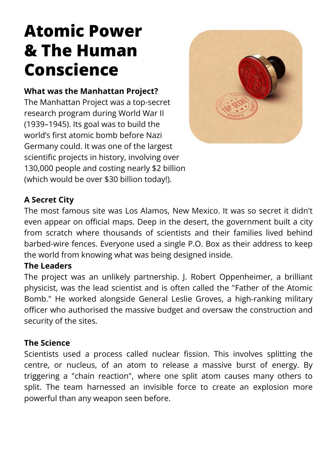 First page of Atomic Power And The Human Conscience Worksheet