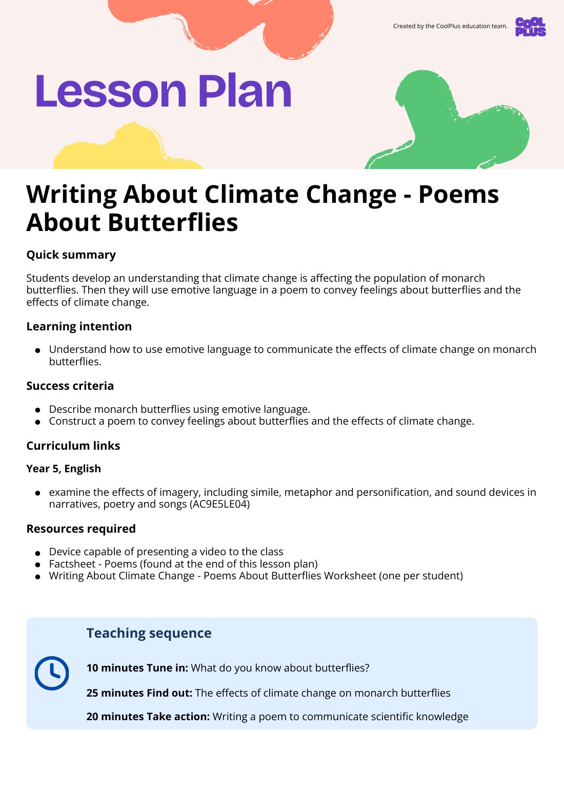 First page of Writing About Climate Change - Poems About Butterflies Lesson Plan
