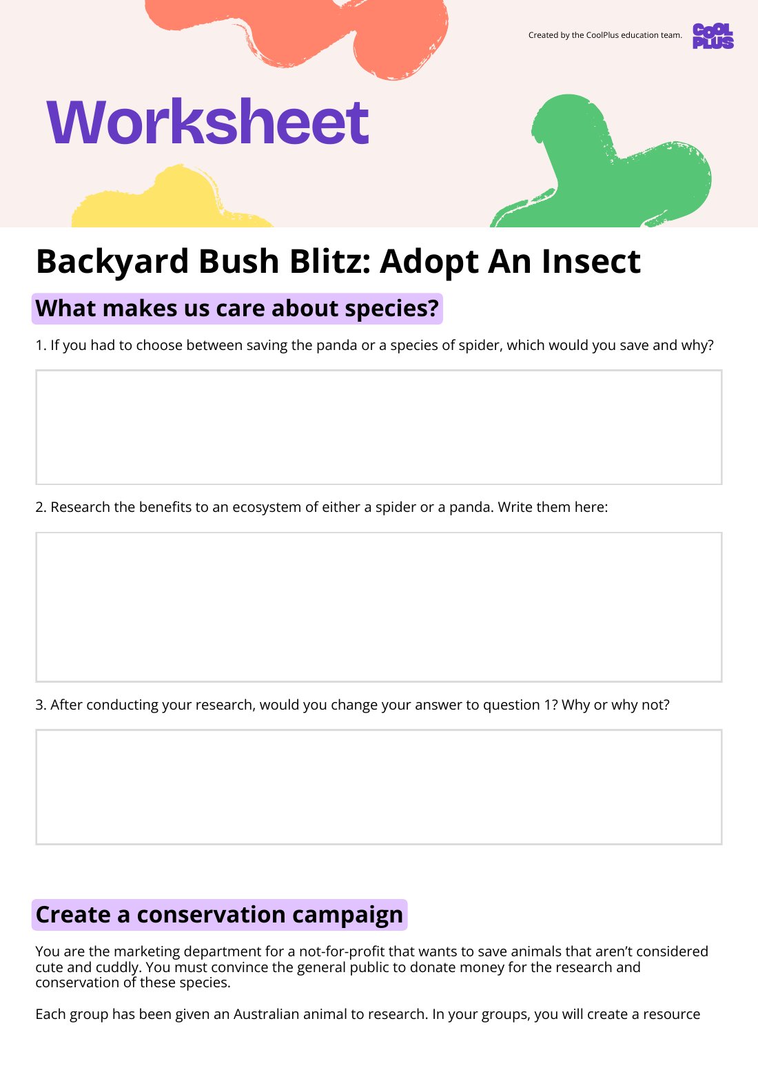 First page of Backyard Bush Blitz: Adopt An Insect Worksheet