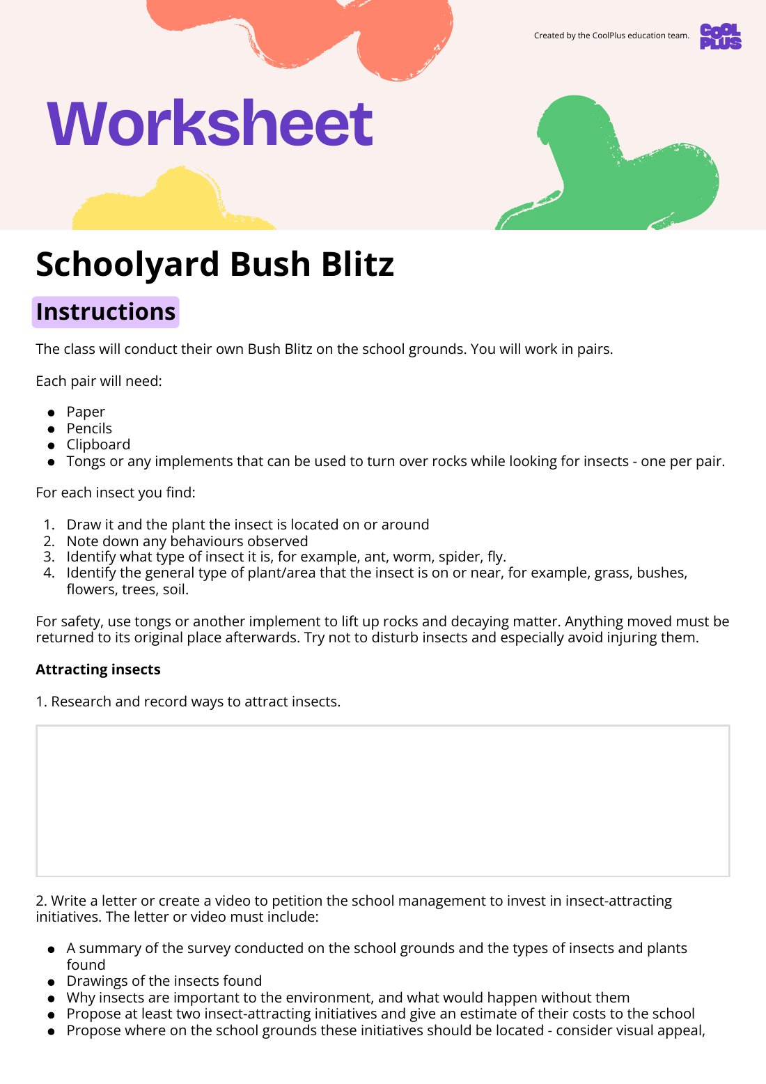 First page of Schoolyard Bush Blitz Worksheet