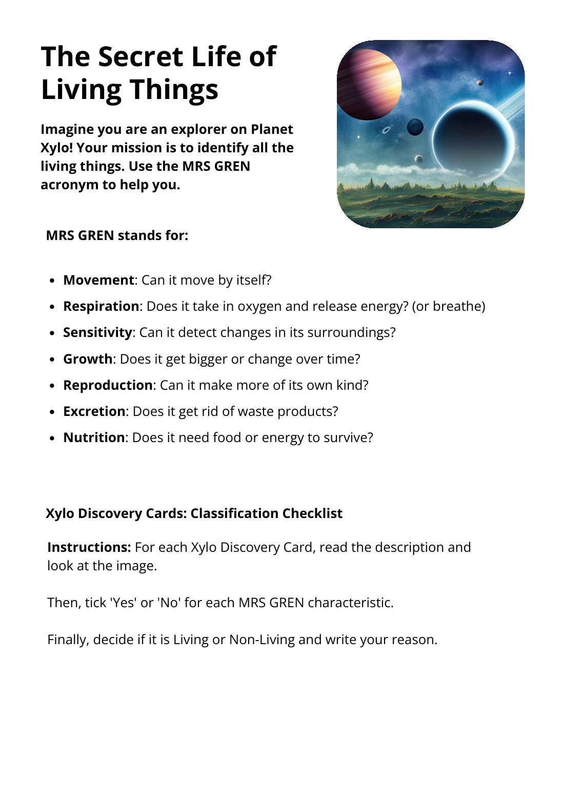 First page of MRS GREN The Secret Life of Living Things Worksheet