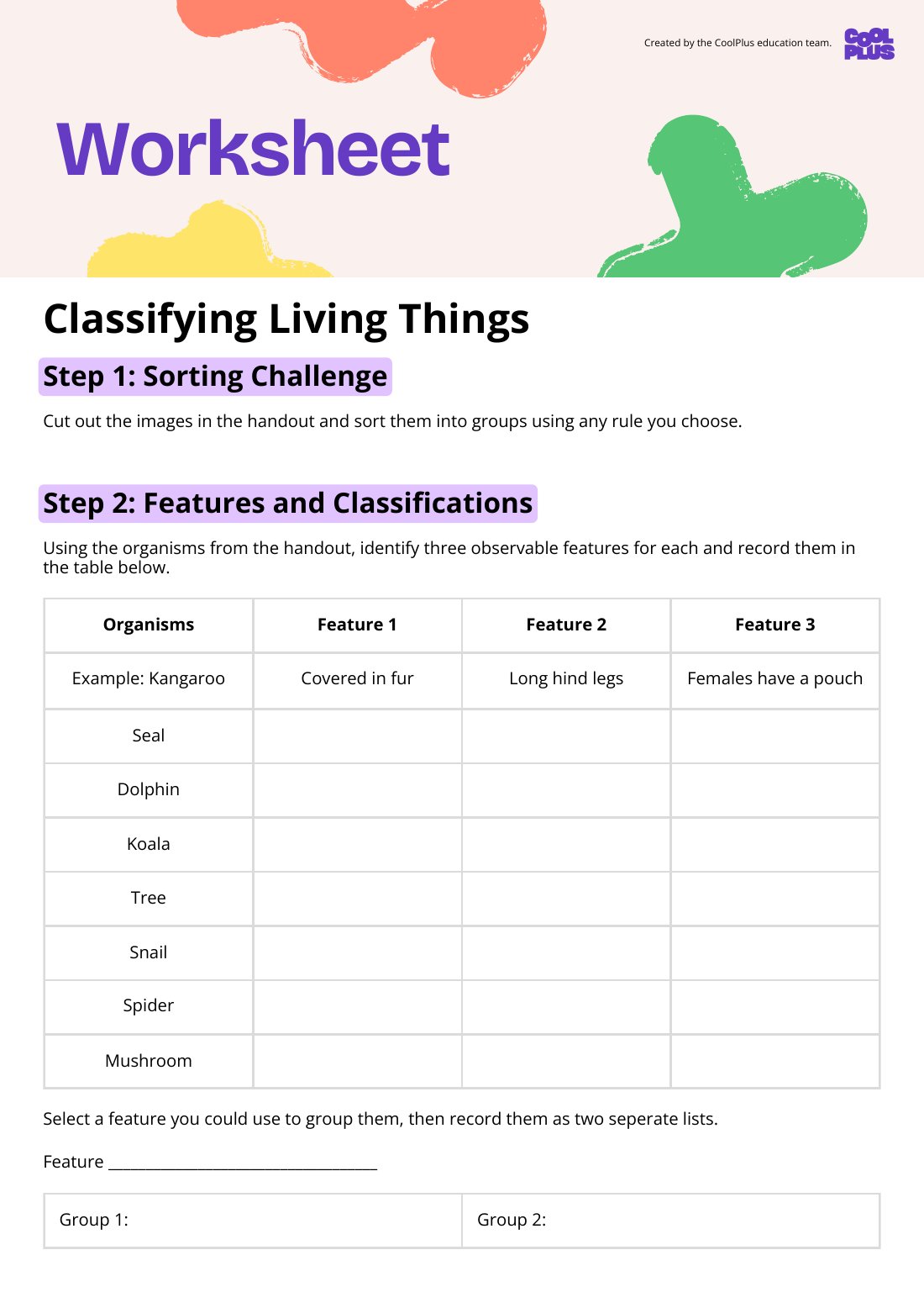 First page of Classifying Living Things Student Worksheet