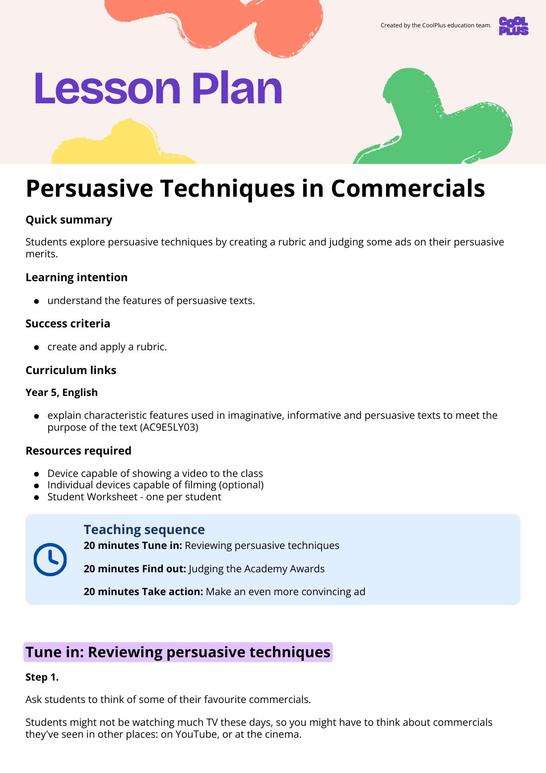 First page of Persuasive Techniques in Commercials Lesson Plan