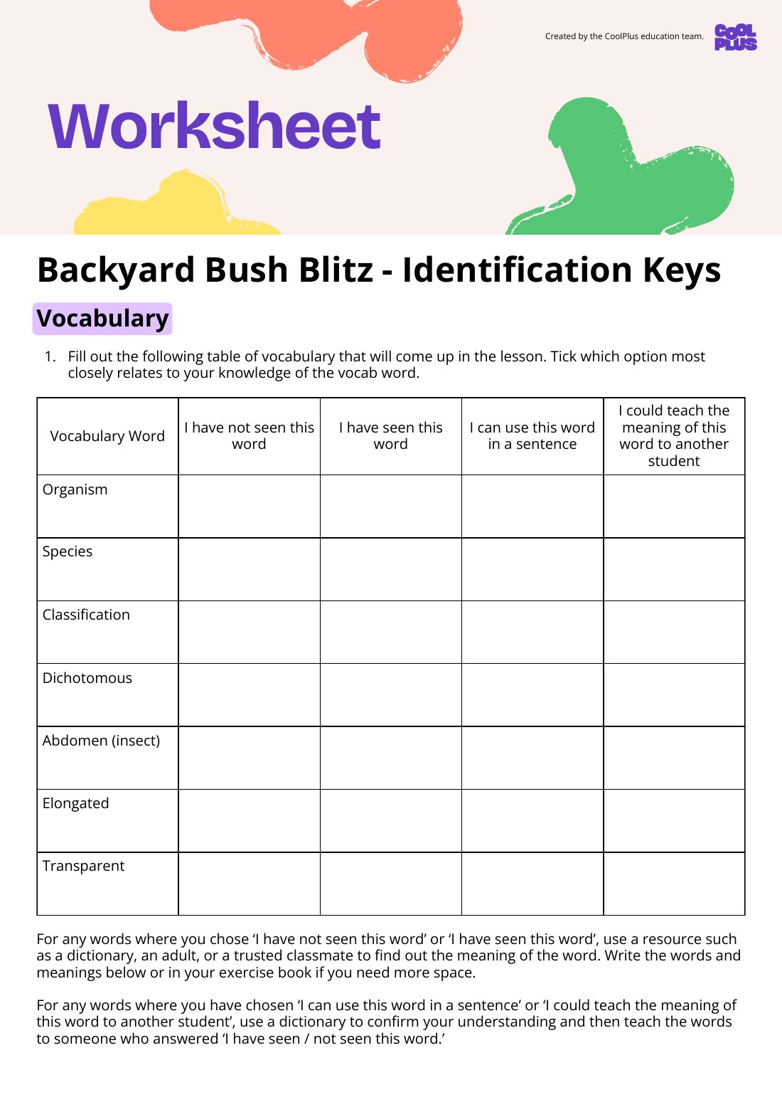 First page of Backyard Bush Blitz: Identification Keys Worksheet