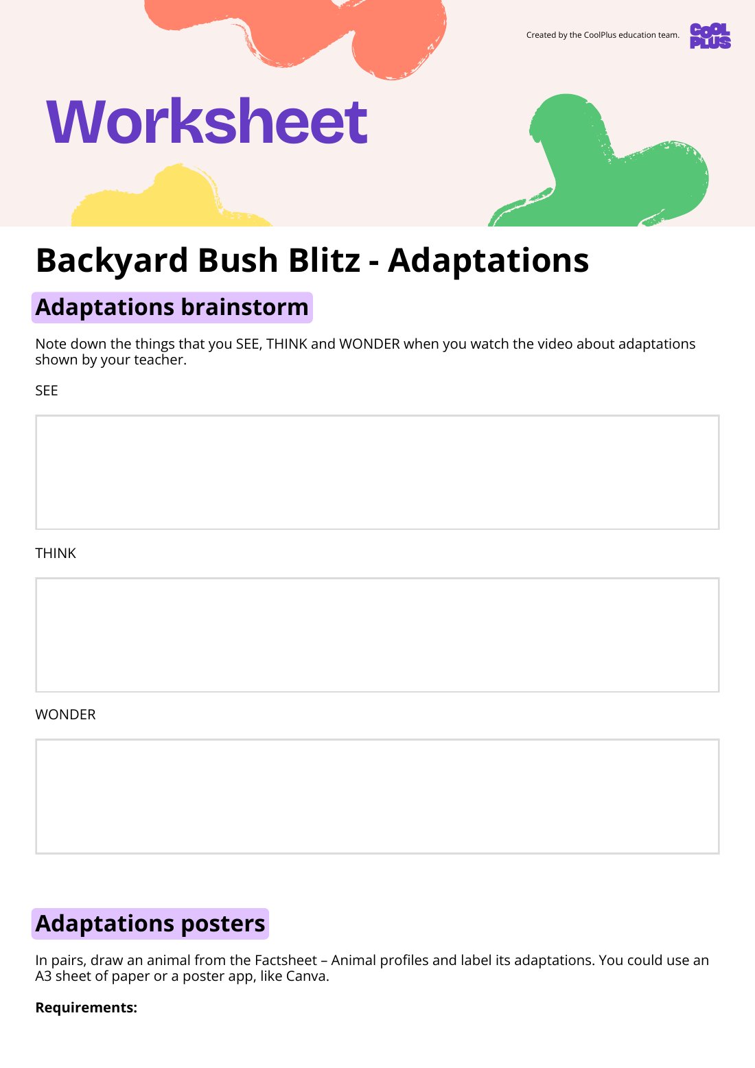 First page of Backyard Bush Blitz: Adaptations Worksheet