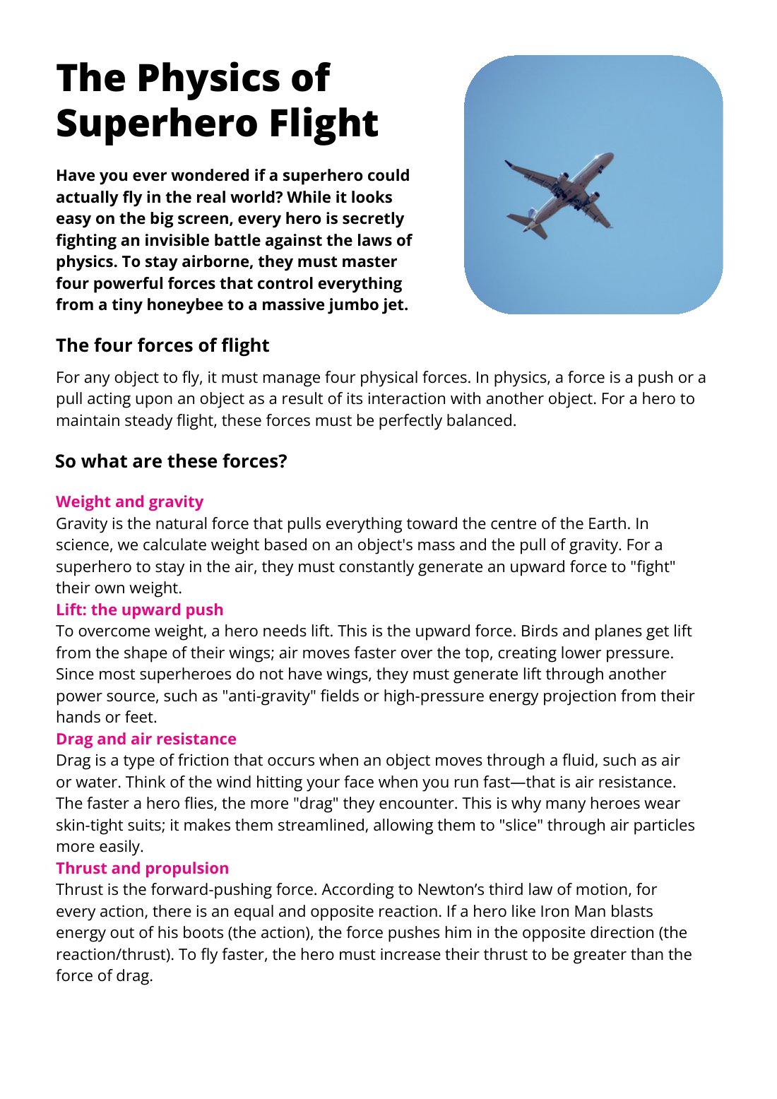 First page of The Physics of Superhero Flight Worksheet