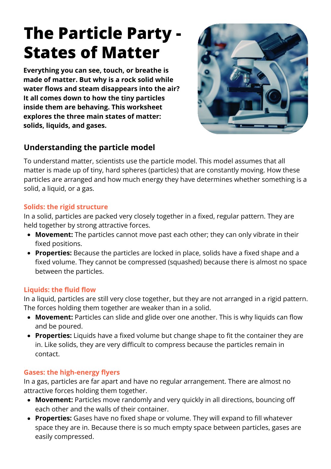 First page of States of Matter Worksheet