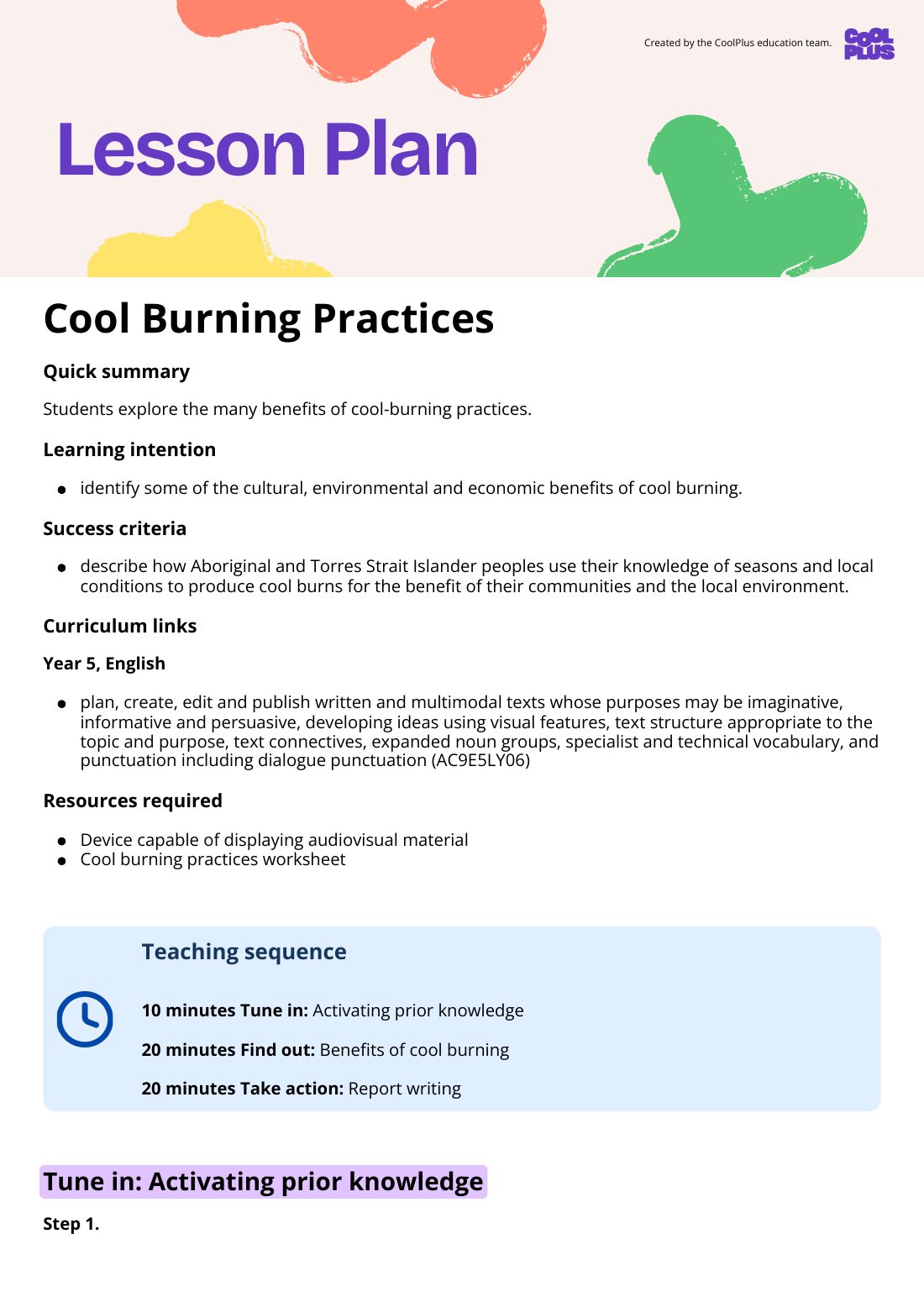 First page of Cool Burning Practices Lesson Plan