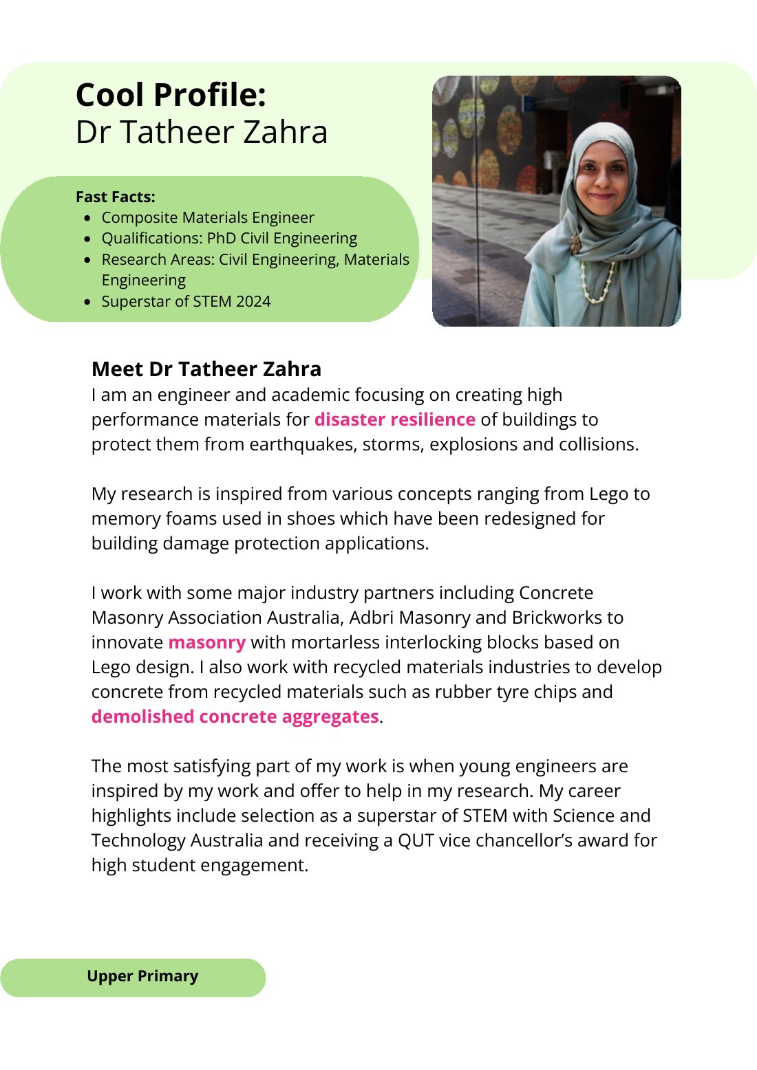 First page of Superstars of STEM Cool Profile Dr Tatheer Zahra Digital Worksheet