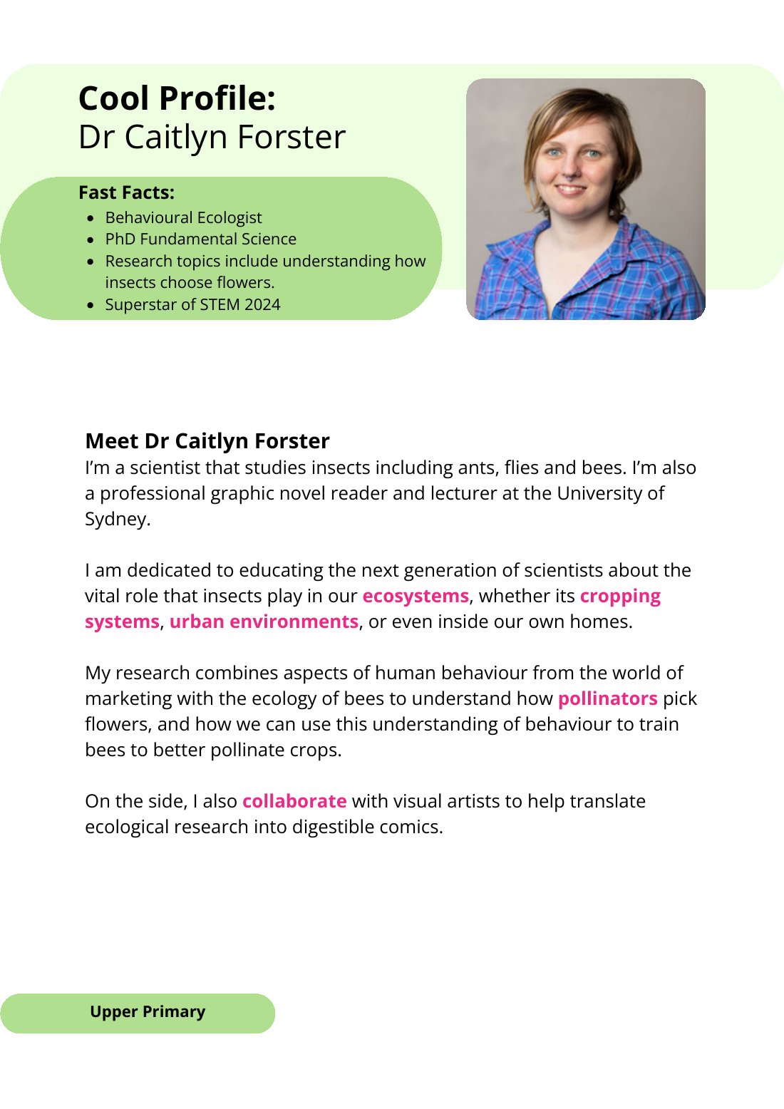 First page of Superstars of STEM Cool Profile Dr Caitlyn Forster Digital Worksheet