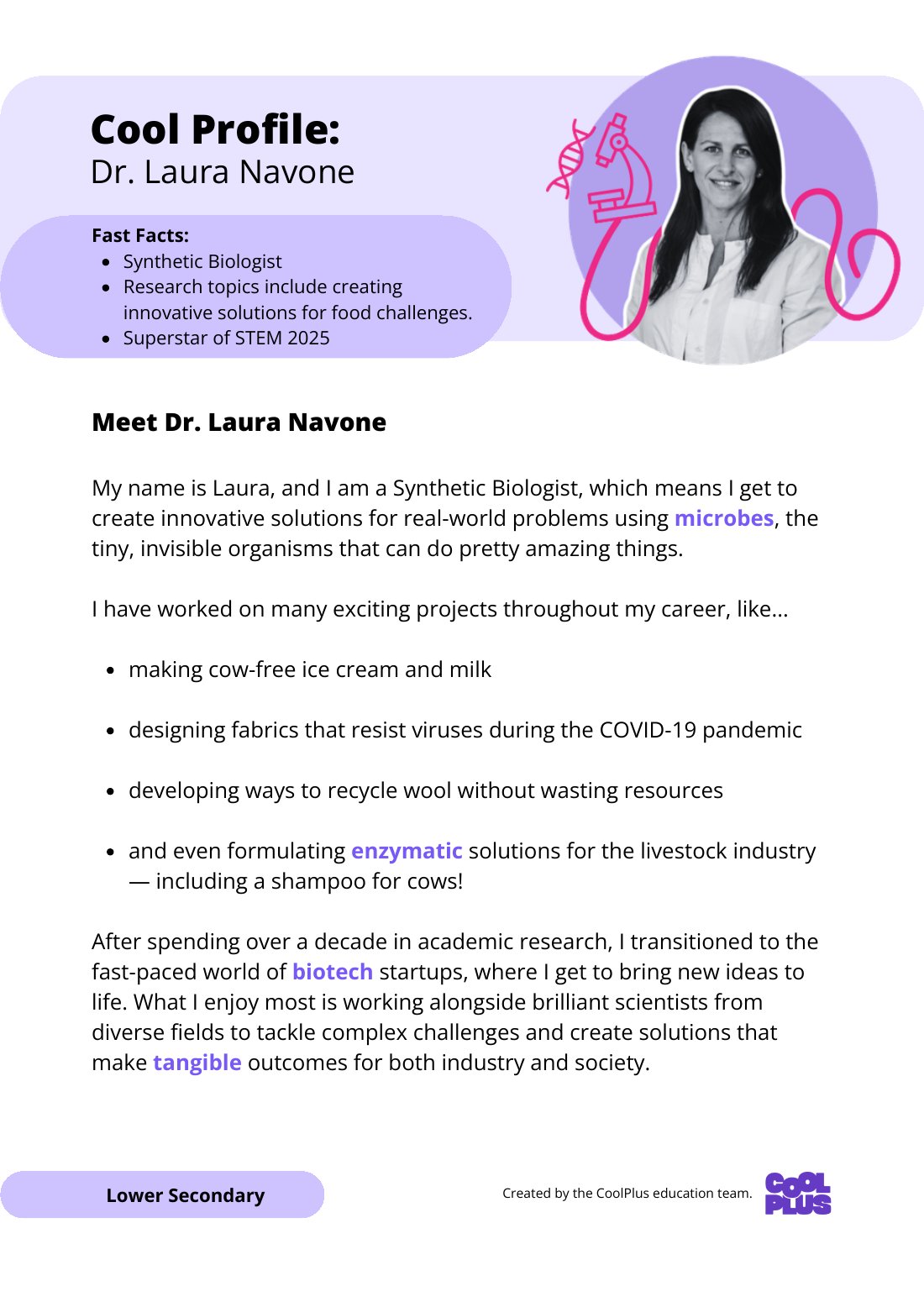 First page of Superstars of STEM Cool Profile Dr Laura Navone Digital Worksheet