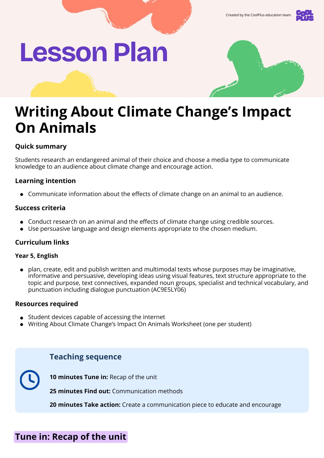 First page of Writing About Climate Changes Impact On Animals Lesson Plan