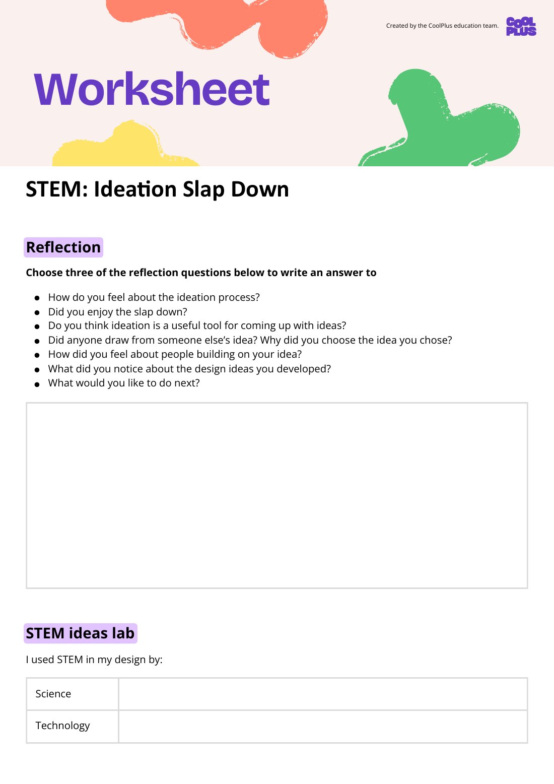 First page of STEM: Ideation Slap Down Worksheet