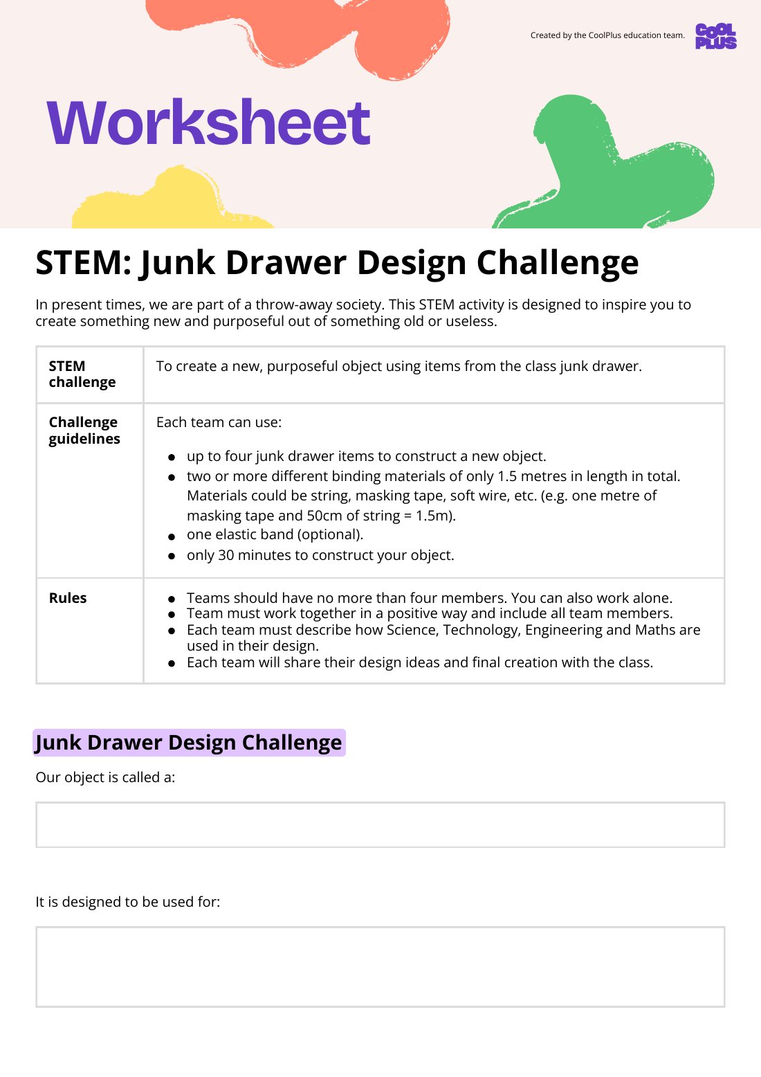 First page of STEM: Junk Drawer Design Challenge Worksheet