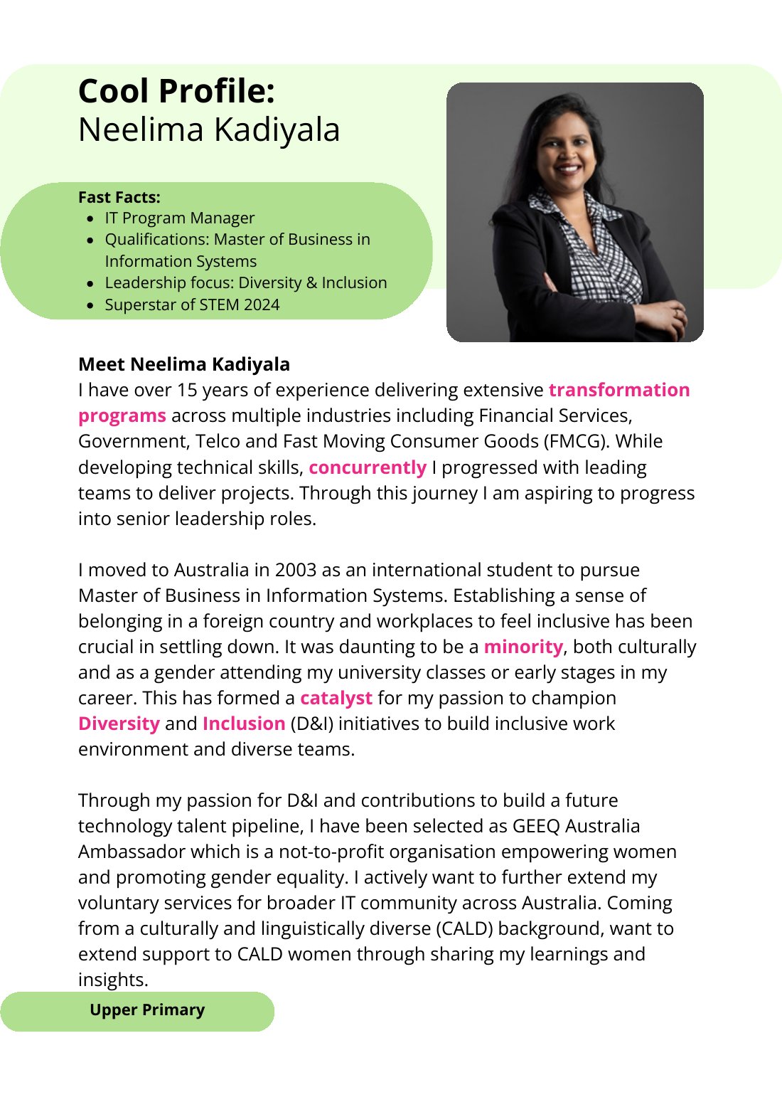 First page of Superstars of STEM Cool Profile Neelima Kadiyala Digital Worksheet