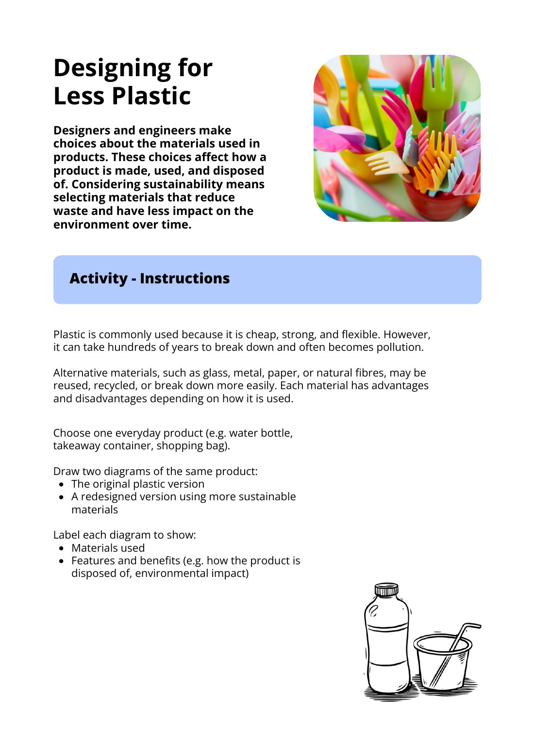 First page of Designing for Less Plastic Worksheet