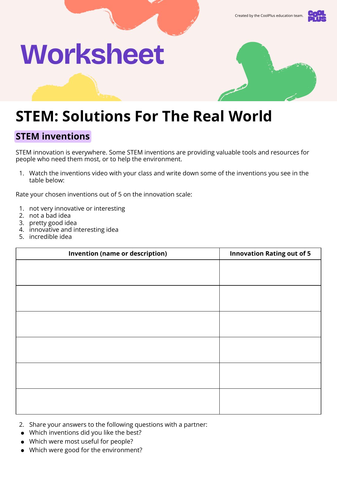 First page of STEM: Solutions For The Real World Worksheet
