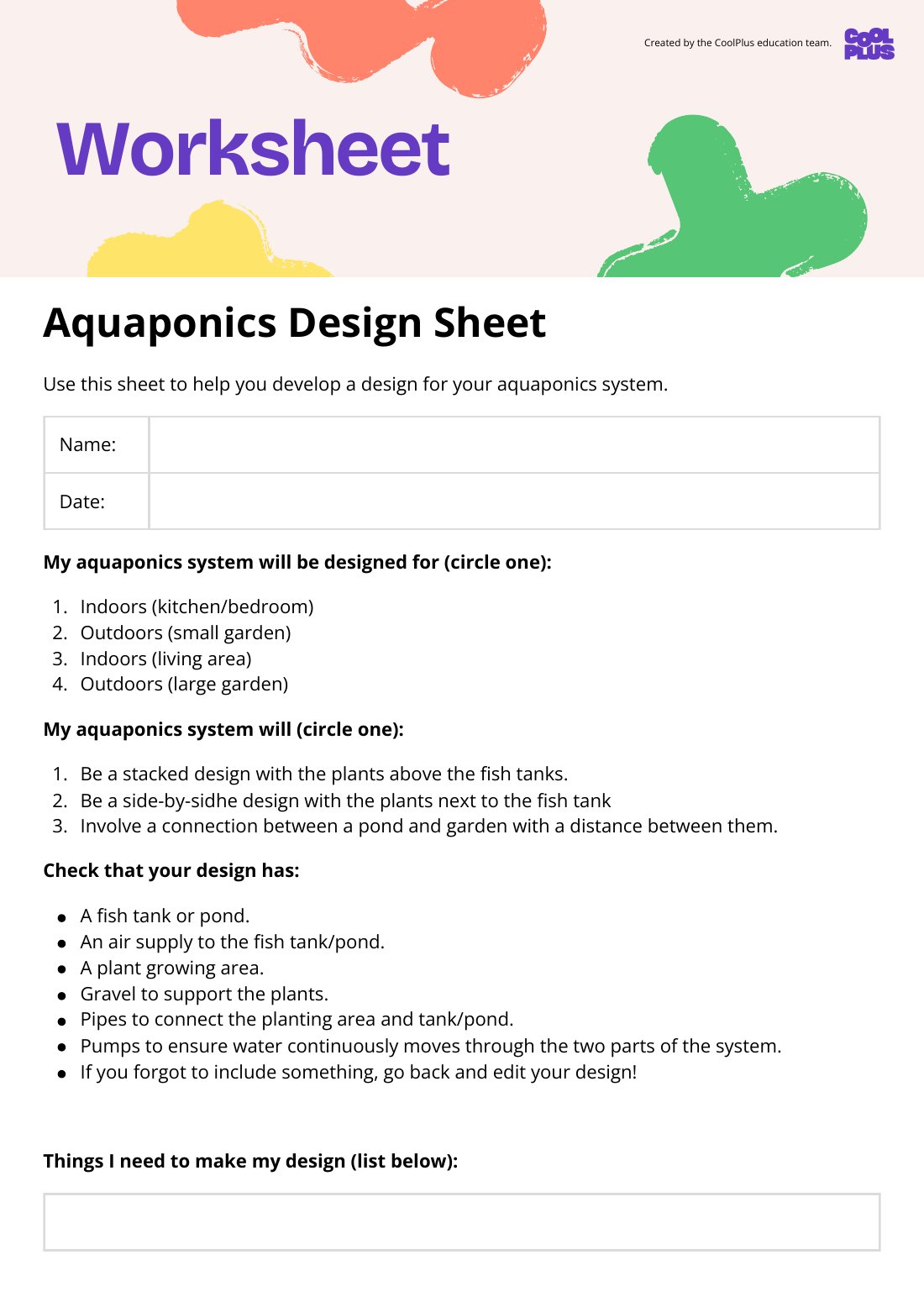 First page of STEAM: Aquaponics for Sustainable Living Design Worksheet