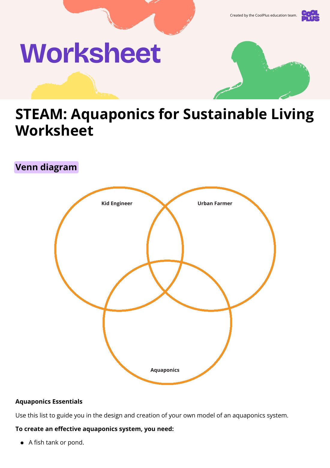 First page of STEAM: Aquaponics for Sustainable Living Worksheet