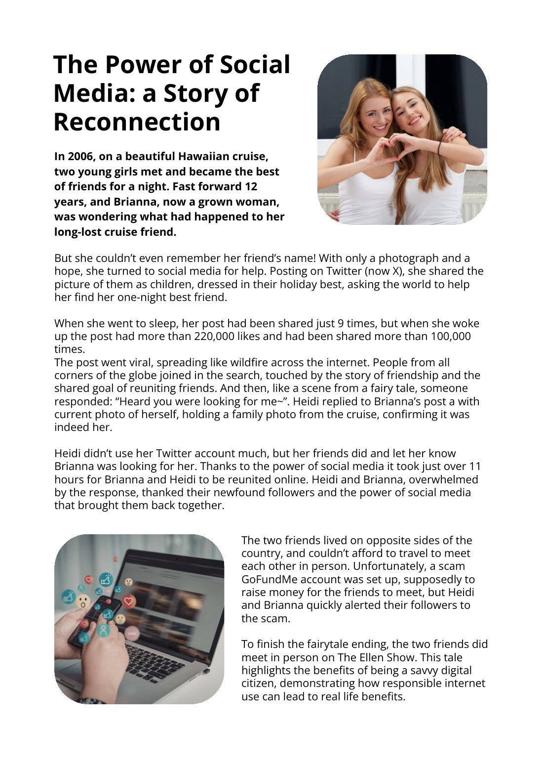 First page of The Power of Social Media Social Studies Worksheet
