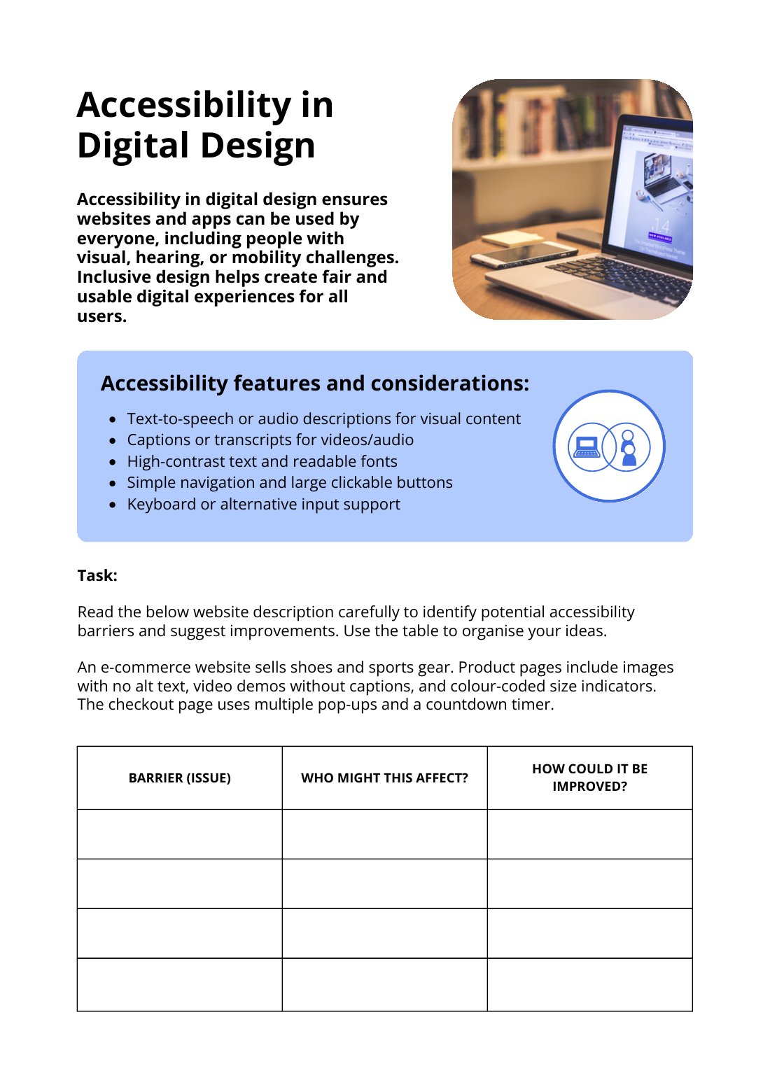 First page of Accessibility in Digital Design Worksheet