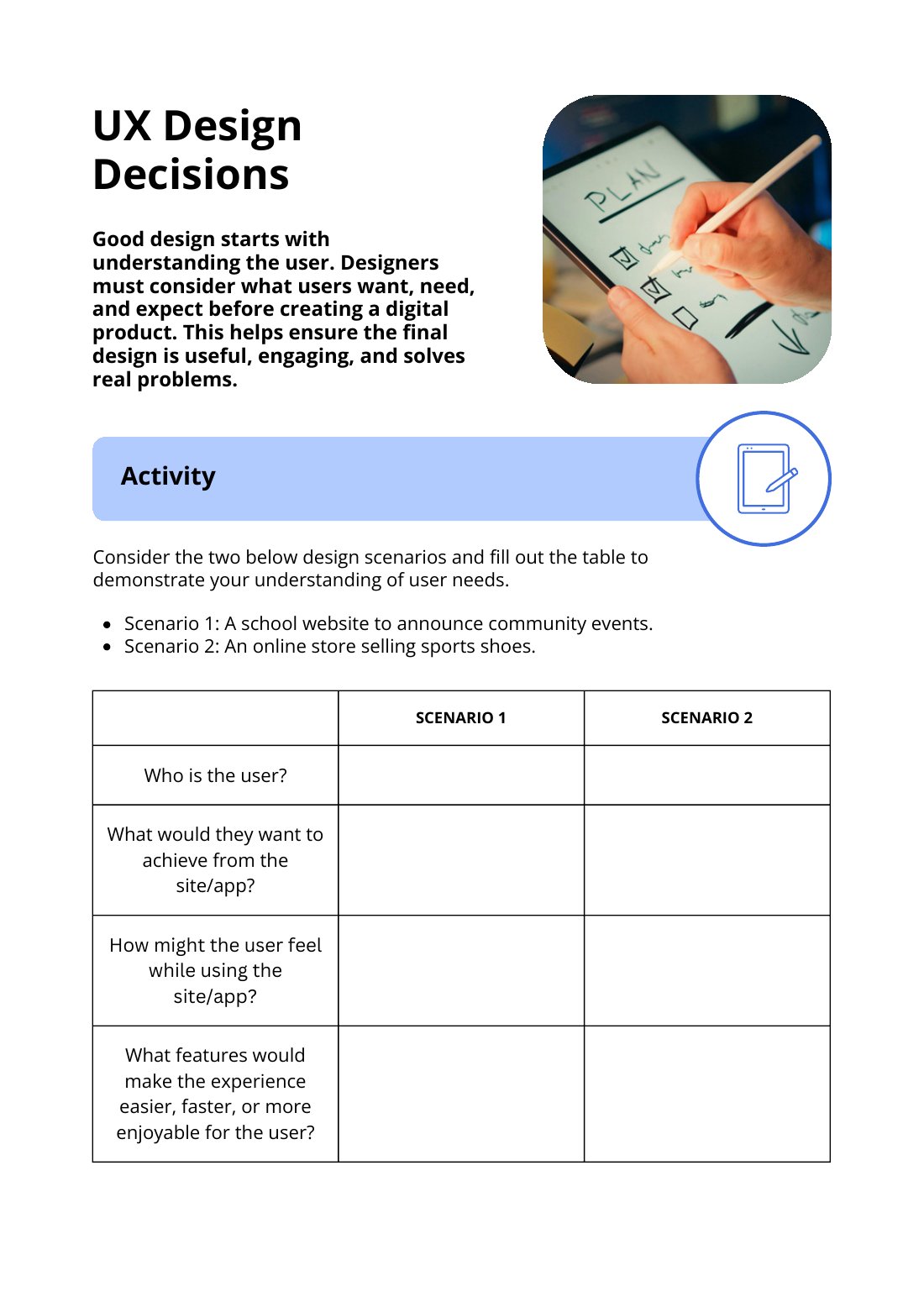 First page of UX Design Decisions Worksheet