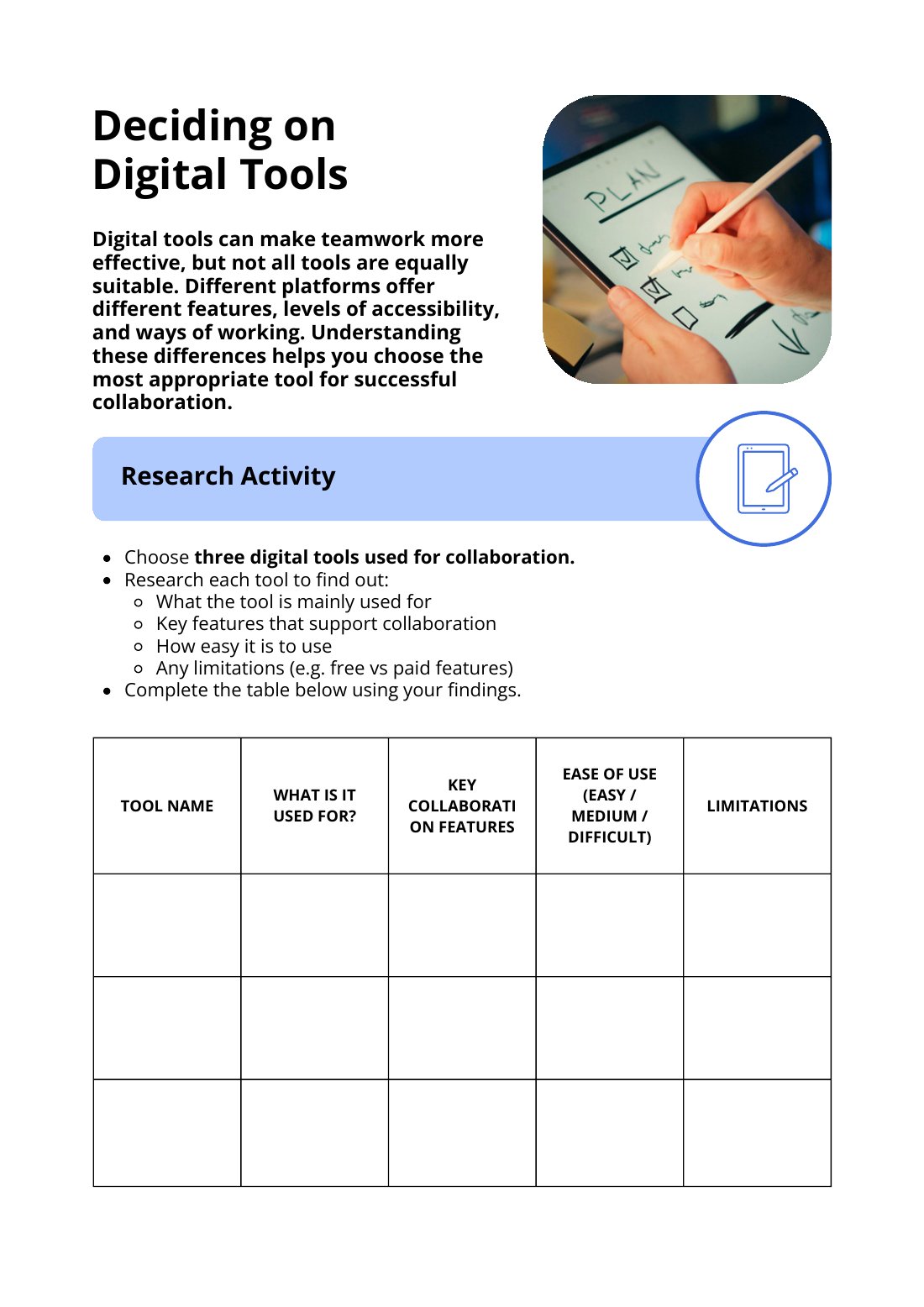First page of Evaluating Digital Tools for Collaboration Worksheet