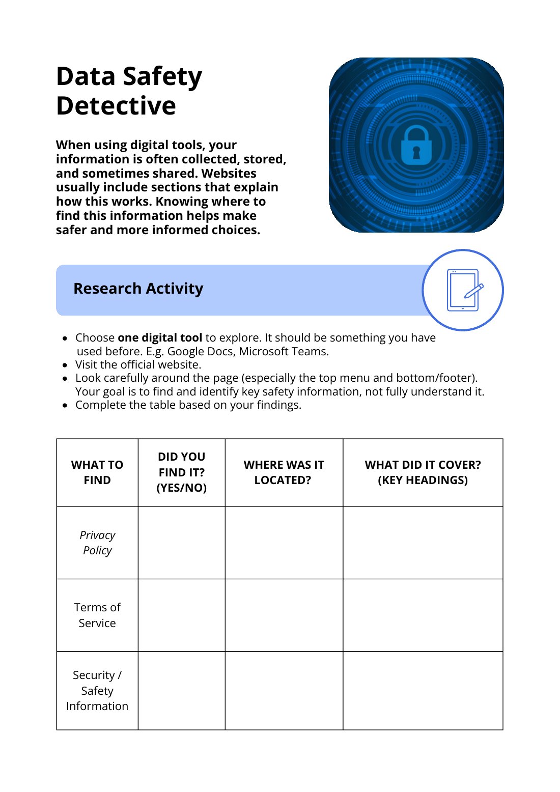 First page of Data Safety Detective Worksheet