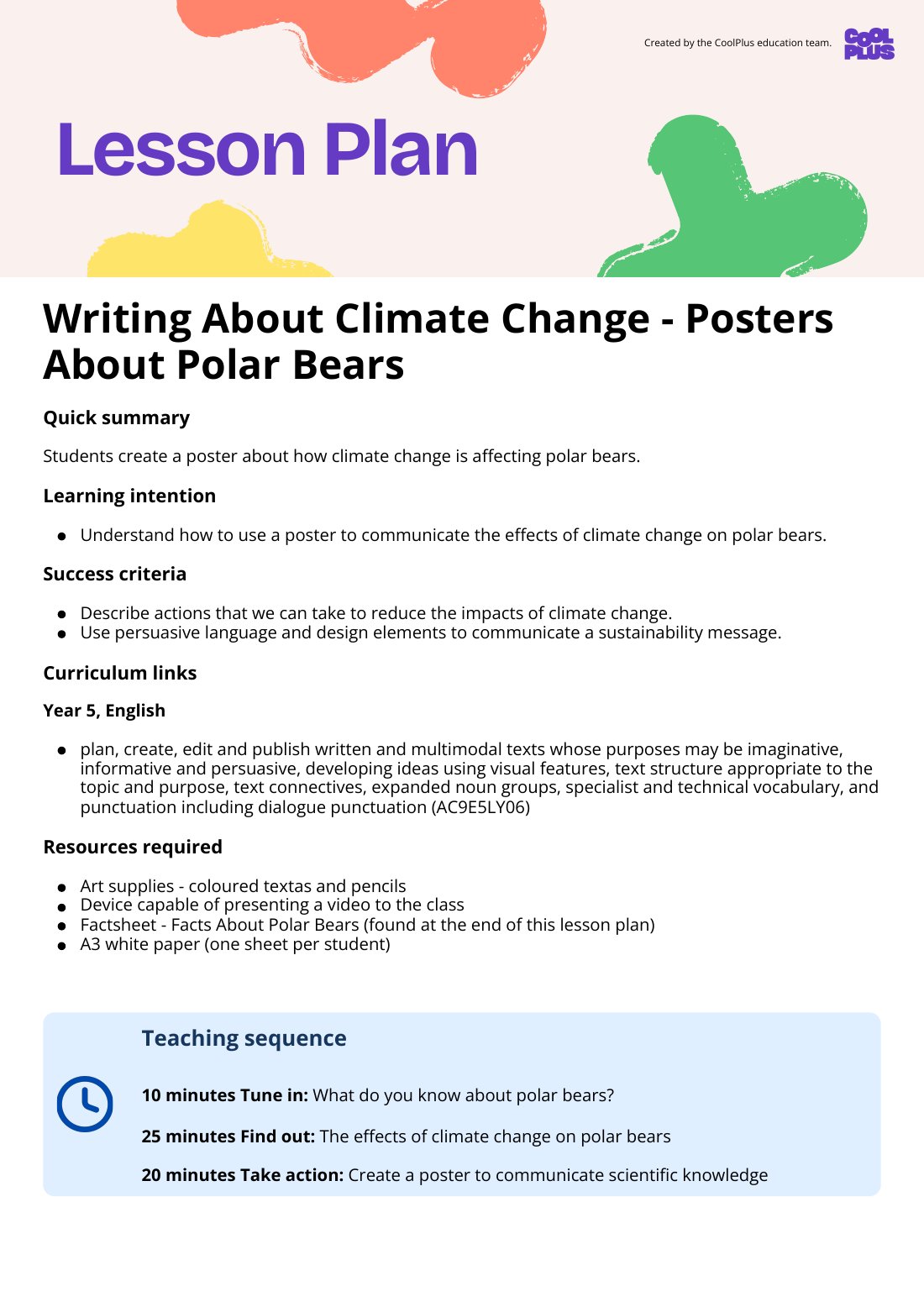First page of Writing About Climate Change - Posters About Polar Bears Lesson Plan