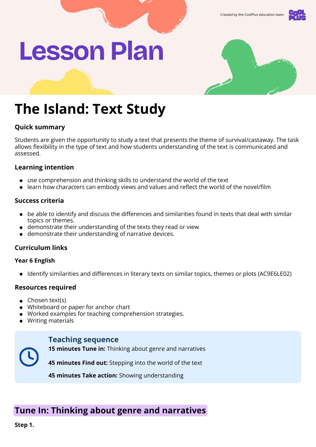 First page of The Island: Text Study Lesson Plan