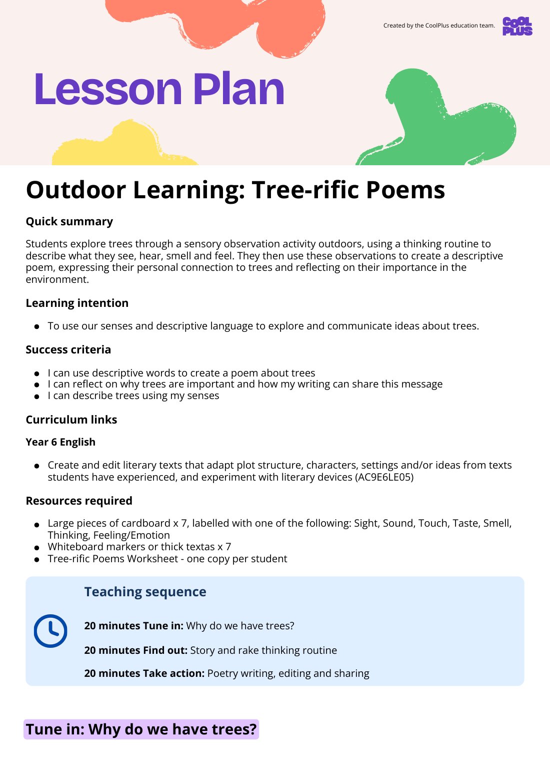 First page of Outdoor Learning: Tree-rific Poems Lesson Plan