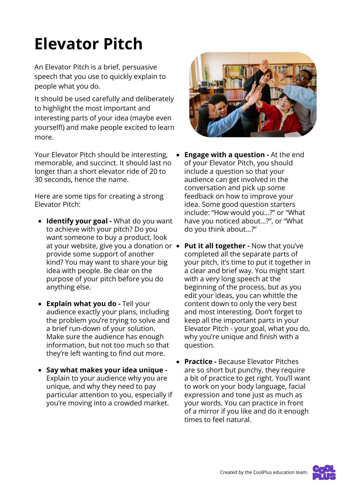 First page of Elevator Pitch Factsheet