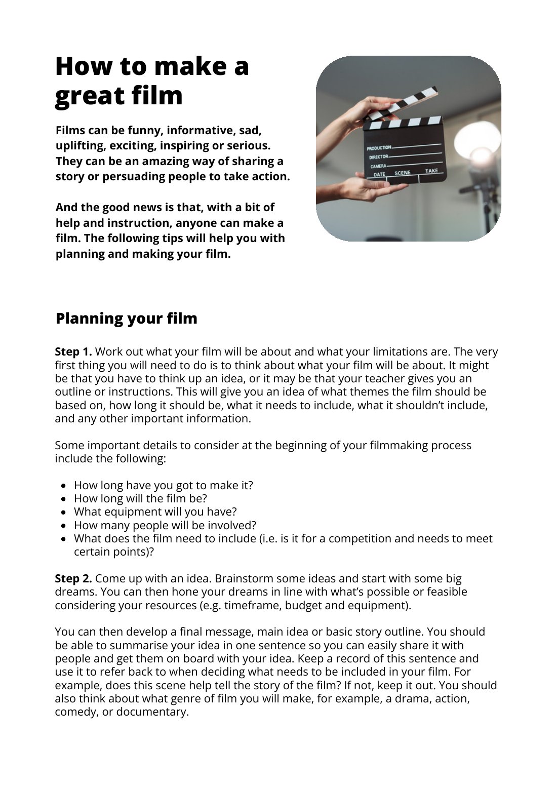 First page of How To Make A Great Film Factsheet