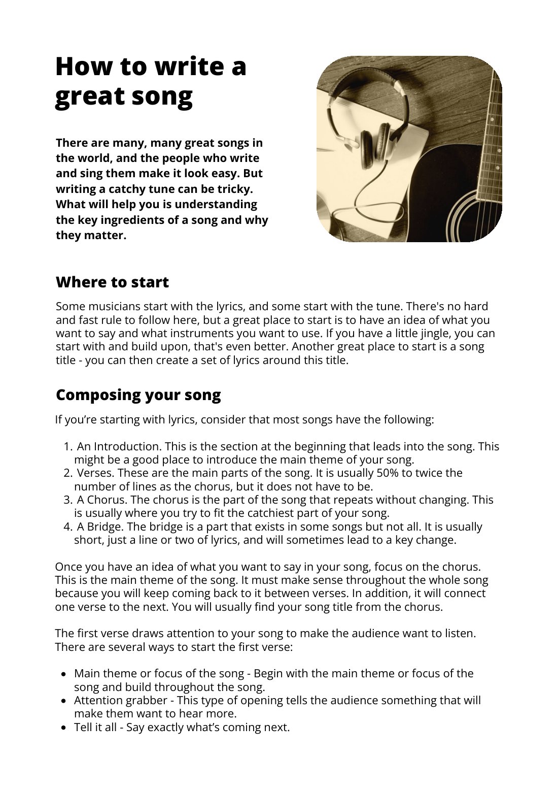 First page of How To Write A Great Song Factsheet