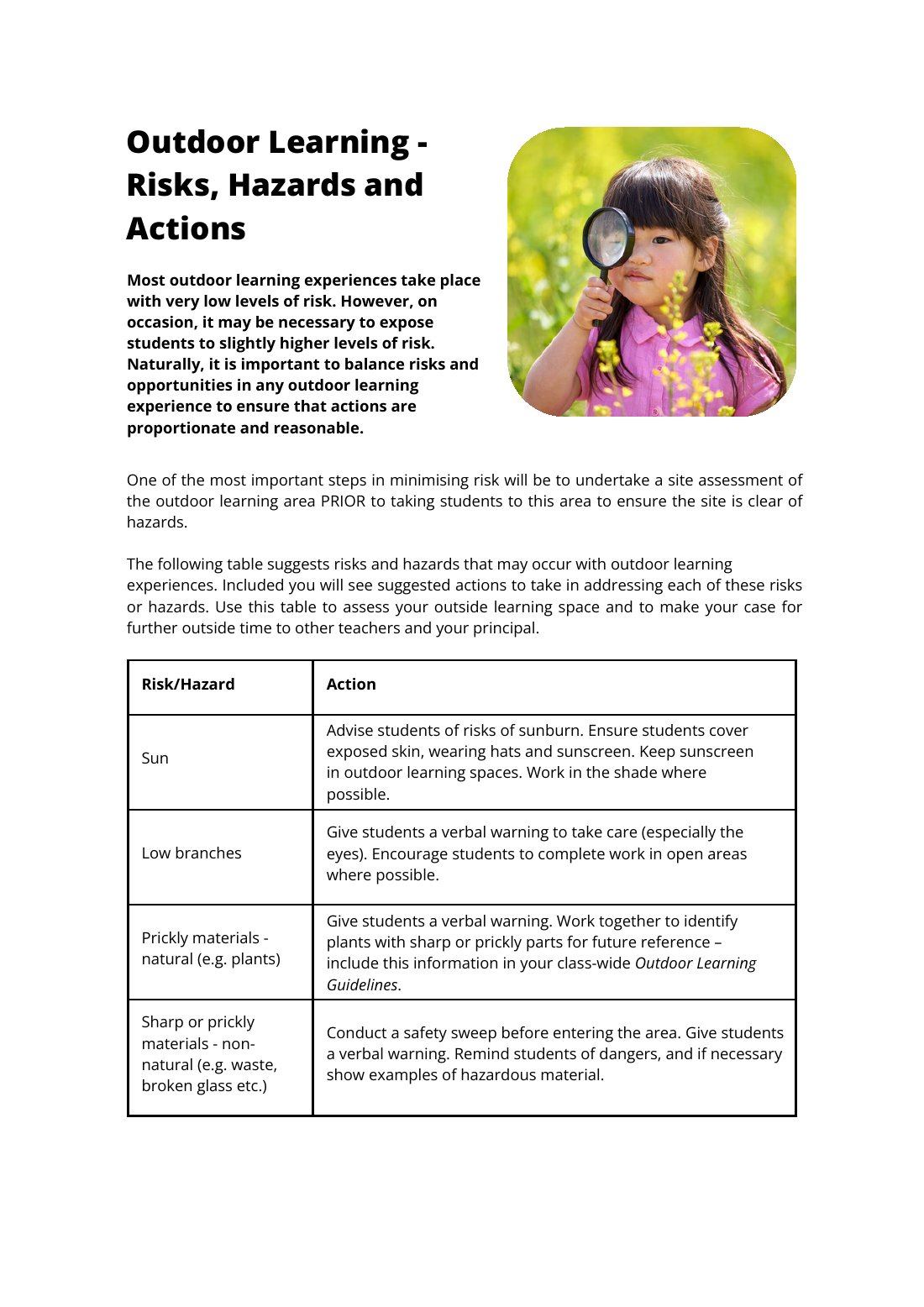 First page of Outdoor Learning - Risks, Hazards and Actions Factsheet